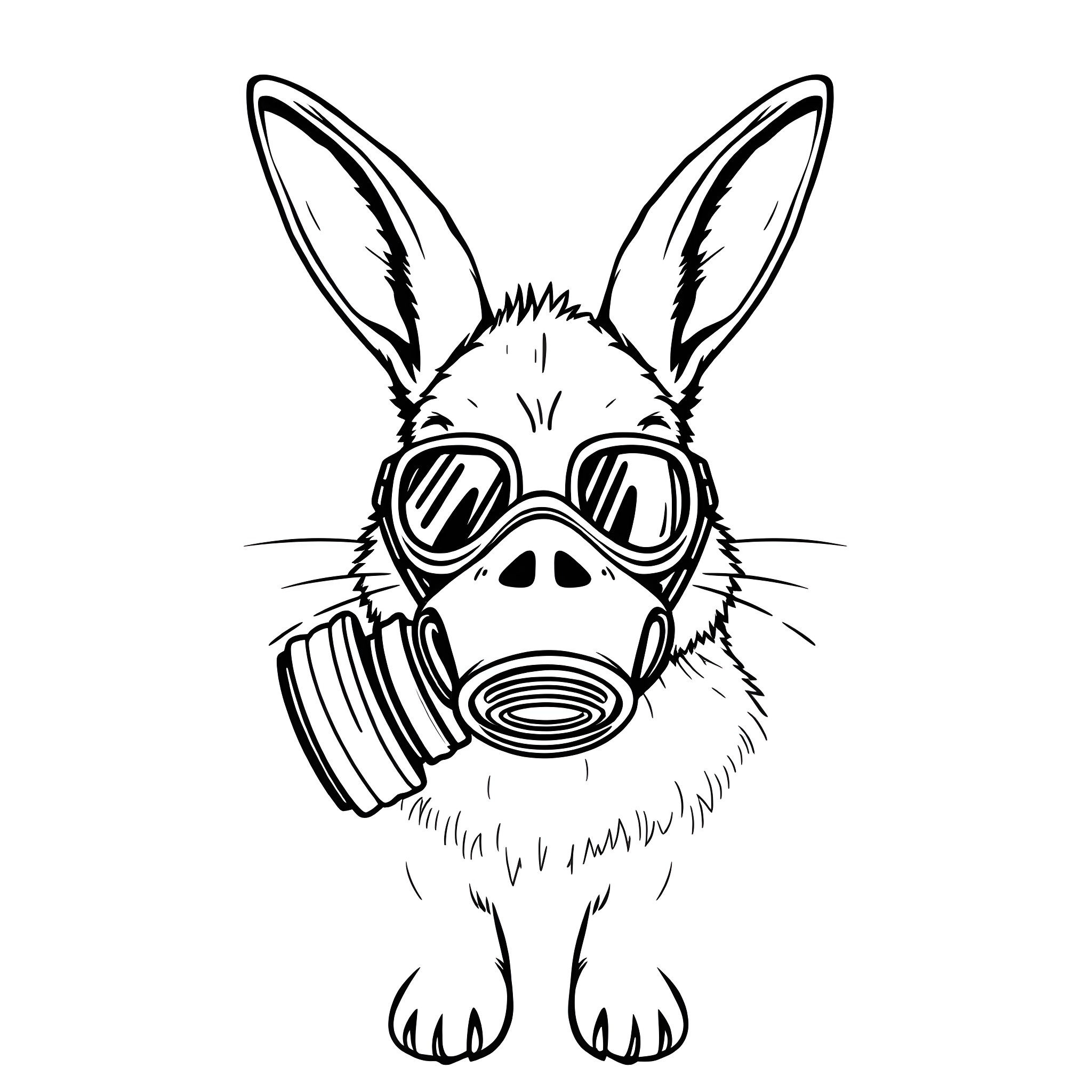 Bunny wearing gas mask and goggles Coloring Page (free black-and-white line drawing printable PDF for all, from beginners to advanced learners, including children, teens, adults, and seniors)