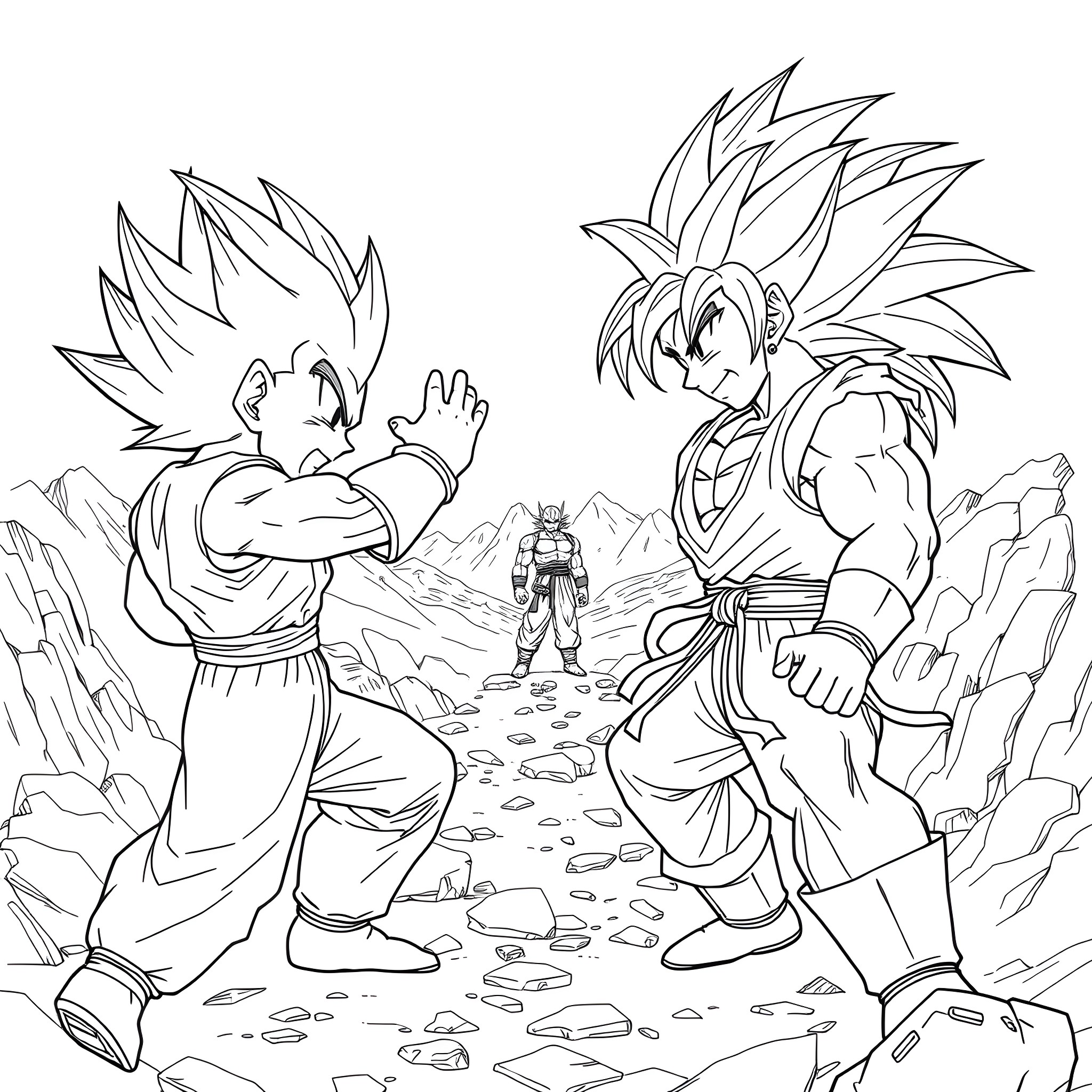 Vegeta facing off with determined warrior in the rocky terrain Coloring Page (free black-and-white line drawing printable PDF for all, from beginners to advanced learners, including children, teens, adults, and seniors)