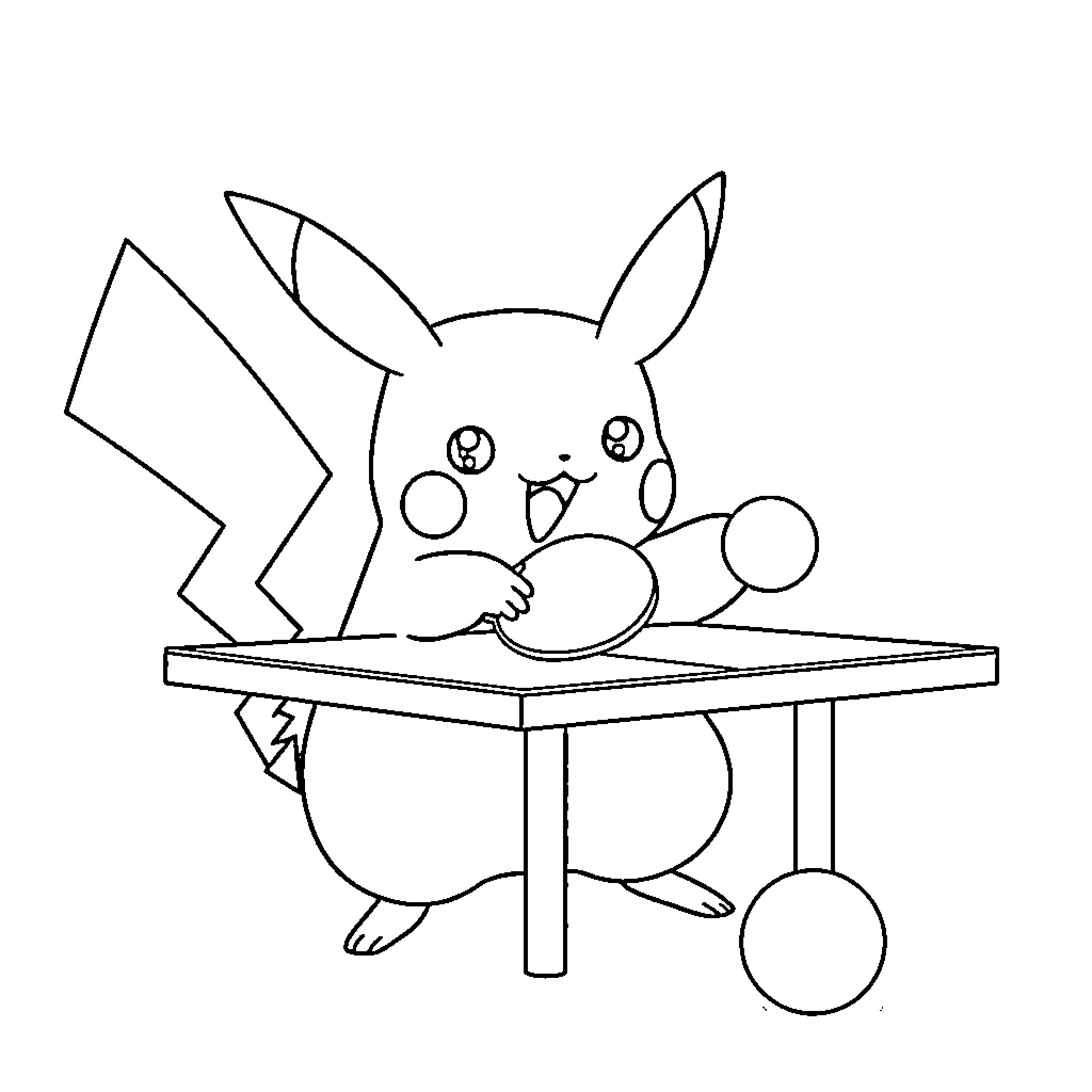 Pikachu playing with office supplies on desk Coloring Page (free black-and-white line drawing printable PDF for all, from beginners to advanced learners, including children, teens, adults, and seniors)