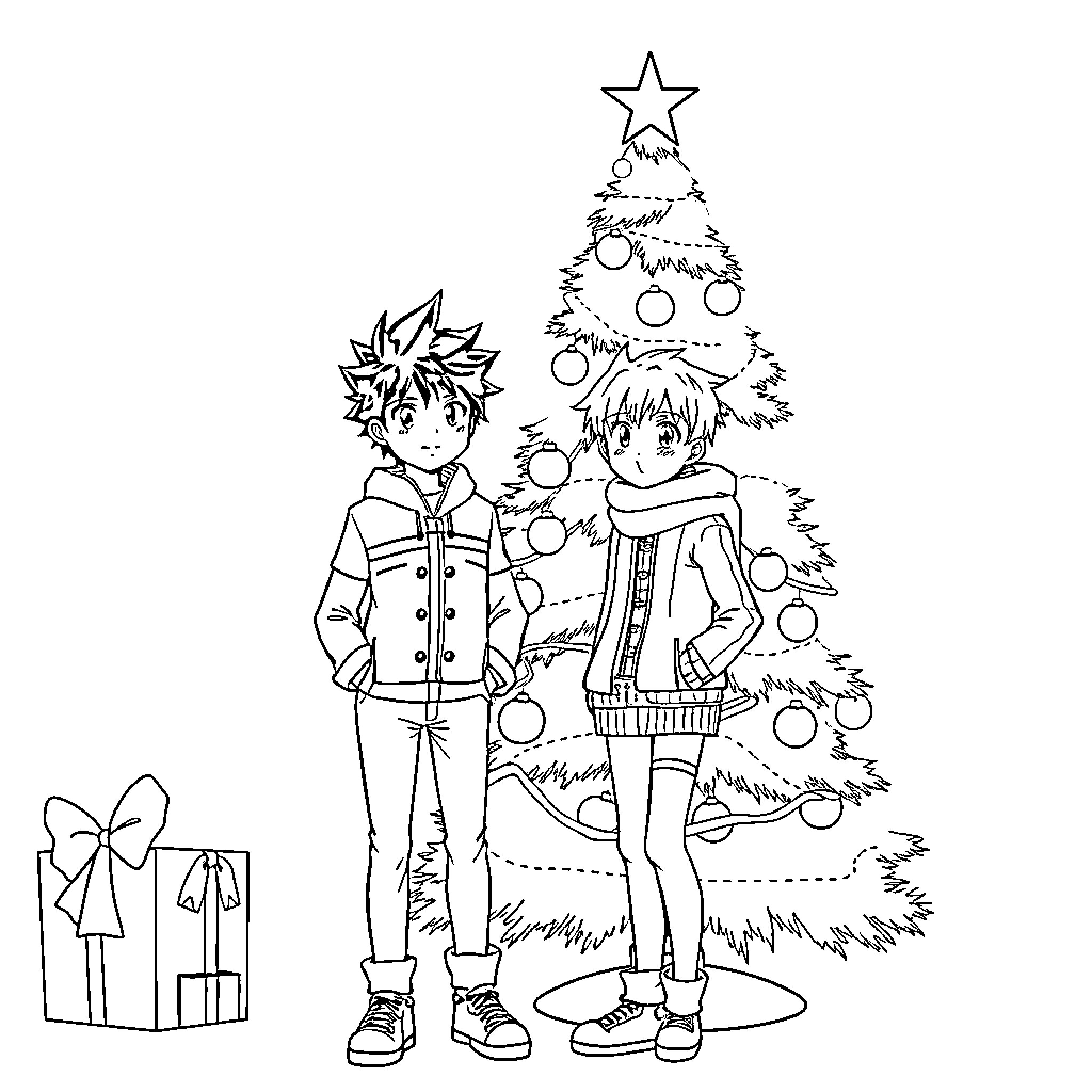 Katsuki Bakugo Celebrates the Holidays with Friends Coloring Page (free black-and-white line drawing printable PDF for all, from beginners to advanced learners, including children, teens, adults, and seniors)