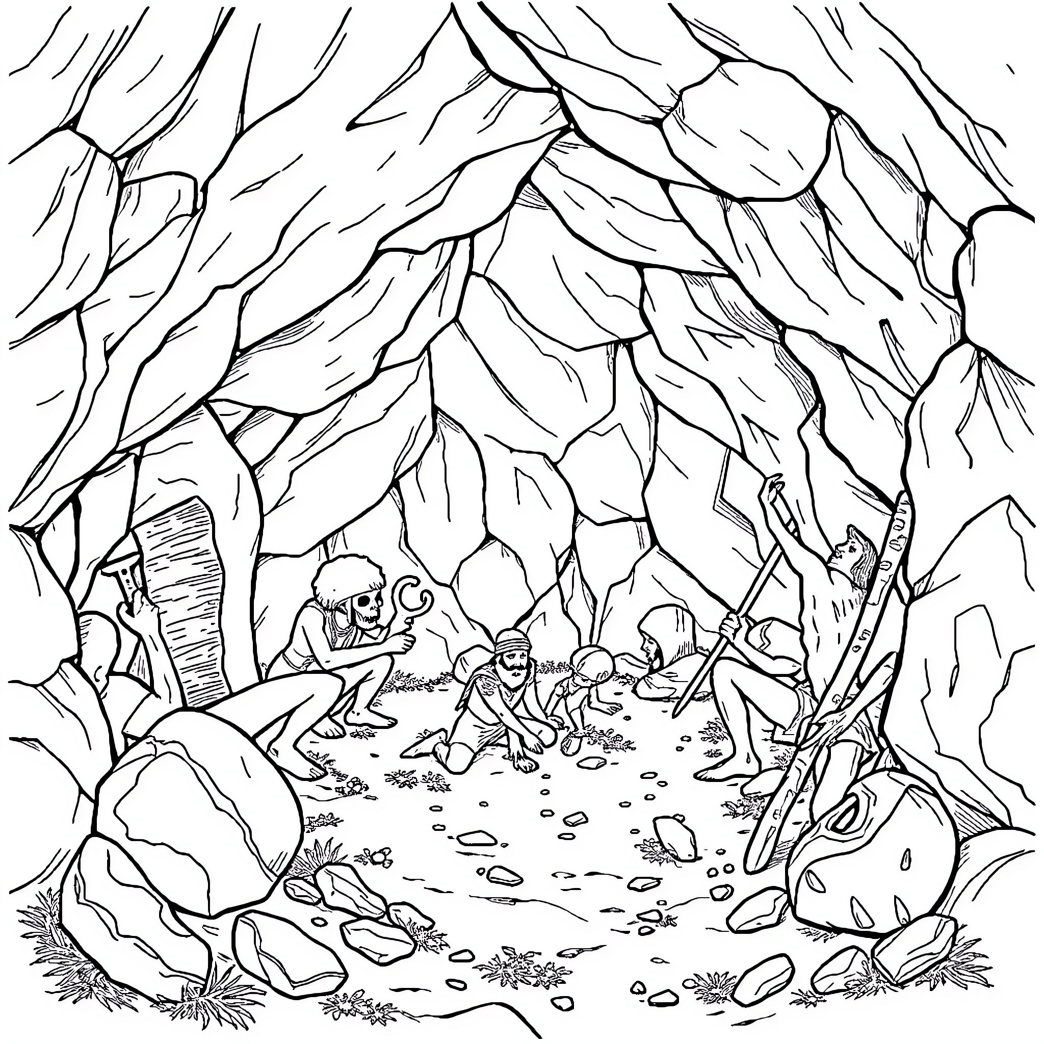 Prehistory Cavemen Gathering Around Fire in Rocky Landscape Coloring Page (free black-and-white line drawing printable PDF for all, from beginners to advanced learners, including children, teens, adults, and seniors)