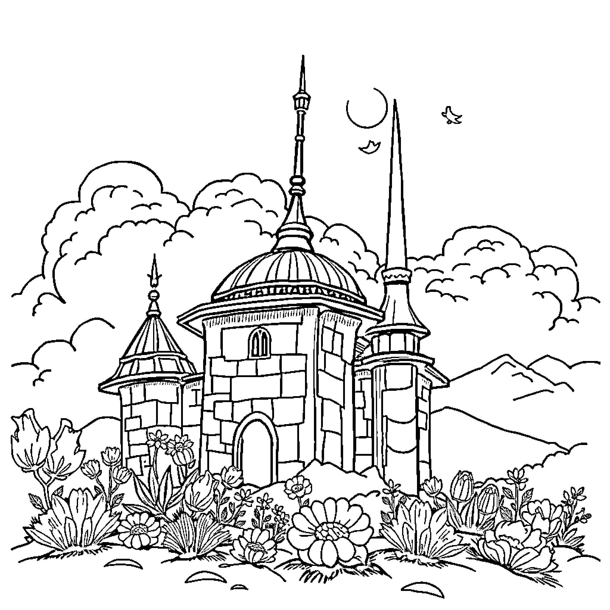 Turkey Mosques and Flowers in Scenic Landscape Coloring Page (free black-and-white line drawing printable PDF for all, from beginners to advanced learners, including children, teens, adults, and seniors)
