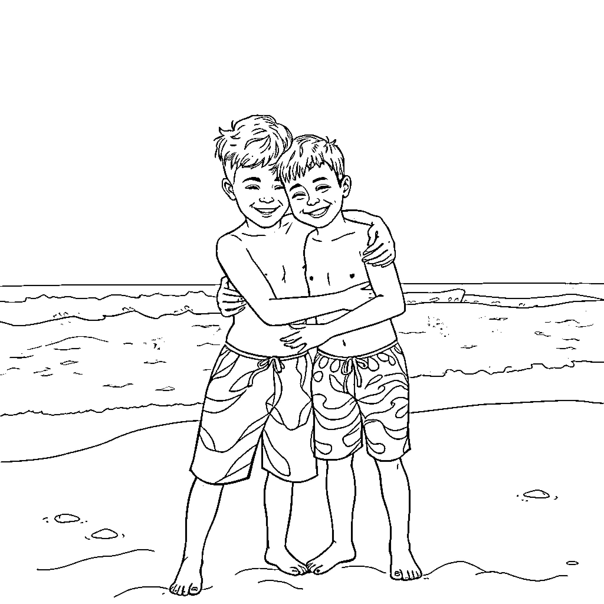 Boys embracing happily at the beach Coloring Page (free black-and-white line drawing printable PDF for all, from beginners to advanced learners, including children, teens, adults, and seniors)