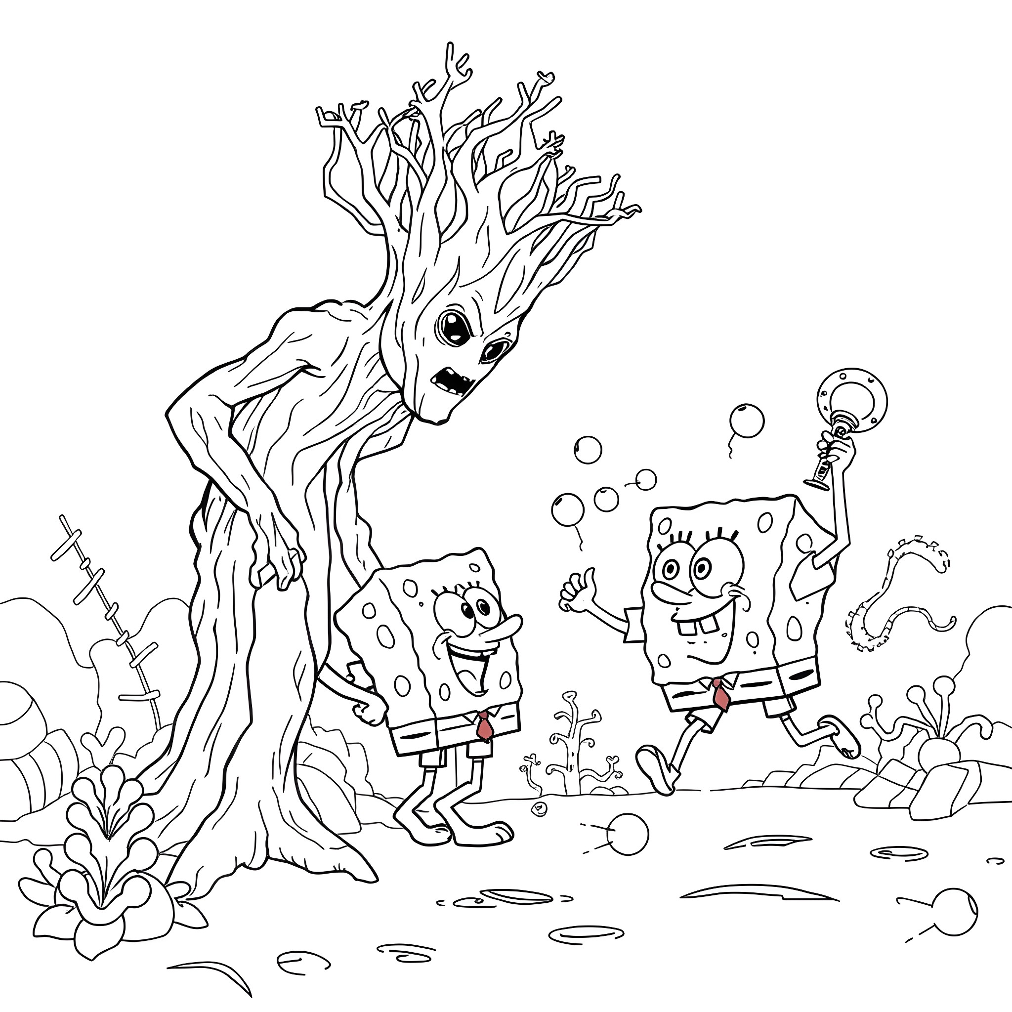 Groot and SpongeBob playing happily underwater Coloring Page (free black-and-white line drawing printable PDF for all, from beginners to advanced learners, including children, teens, adults, and seniors)