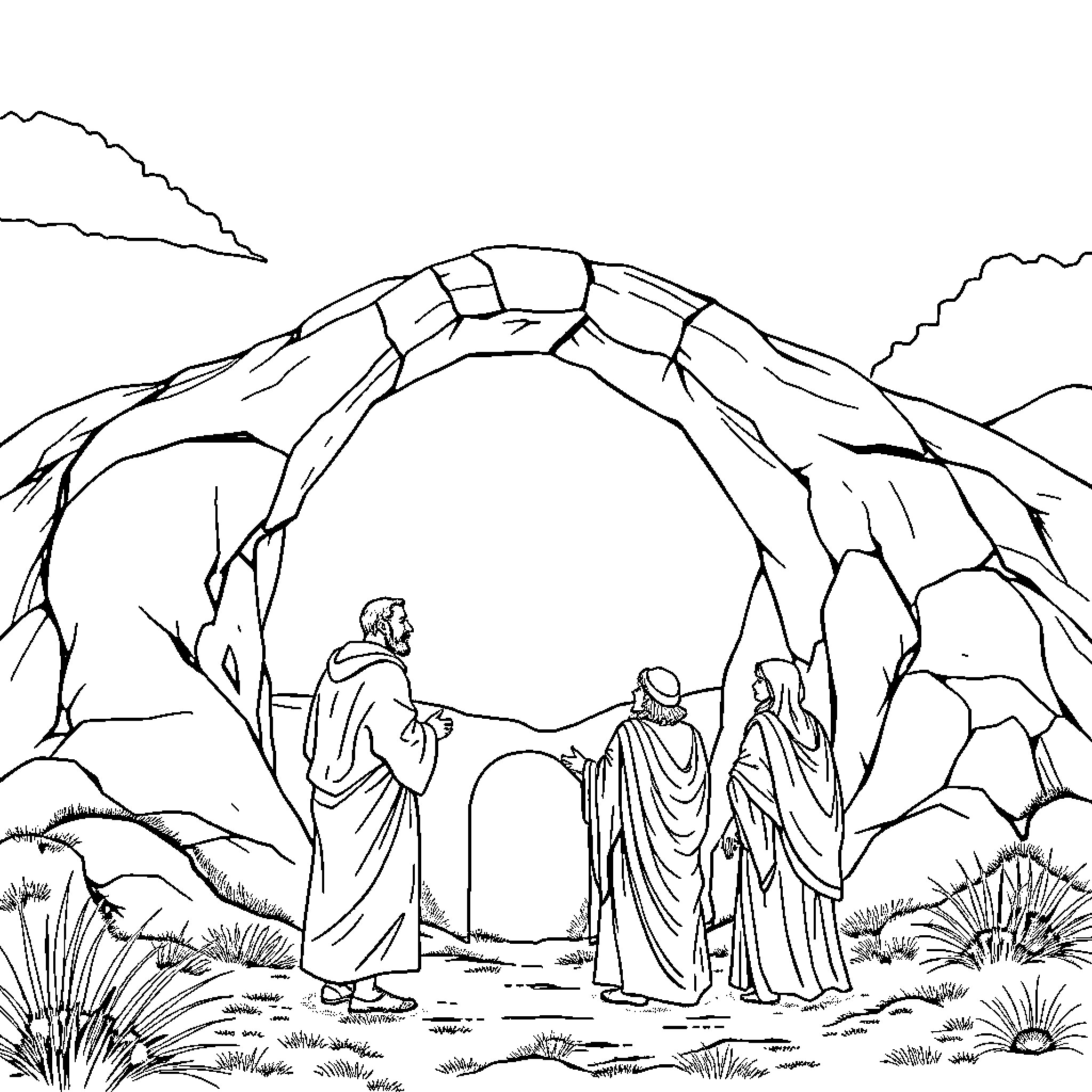 Man standing before stone arch in desert landscape Coloring Page (free black-and-white line drawing printable PDF for all, from beginners to advanced learners, including children, teens, adults, and seniors)