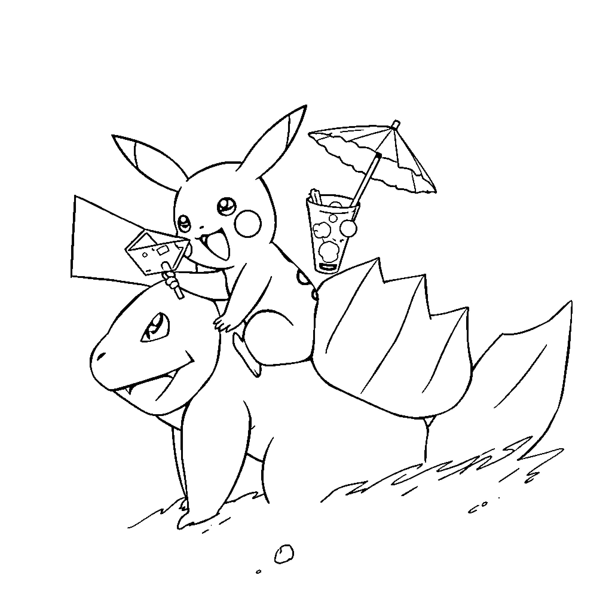 Pikachu enjoying a summer day with friend Coloring Page (free black-and-white line drawing printable PDF for all, from beginners to advanced learners, including children, teens, adults, and seniors)