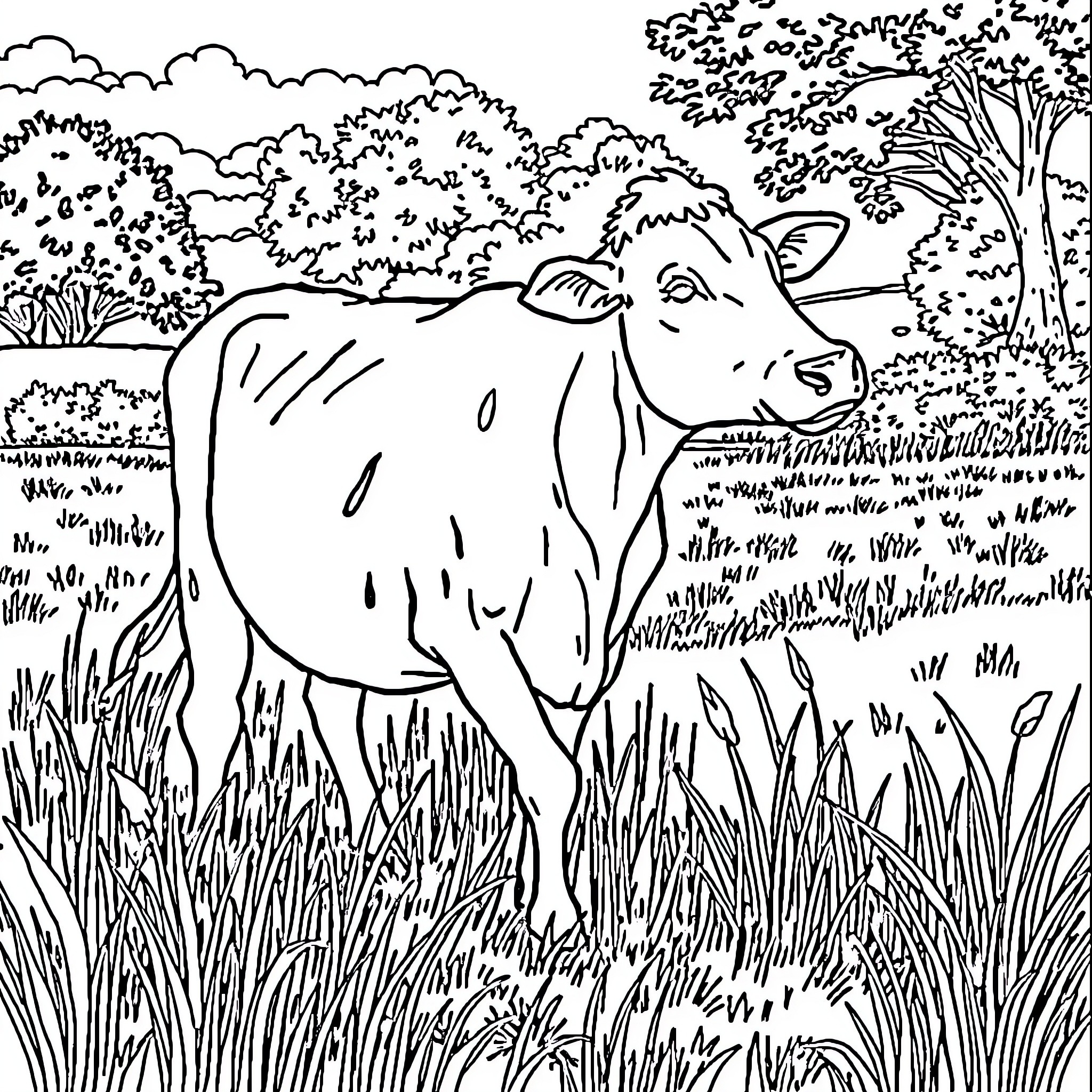 Cow grazing peacefully in the countryside Coloring Page (free black-and-white line drawing printable PDF for all, from beginners to advanced learners, including children, teens, adults, and seniors)