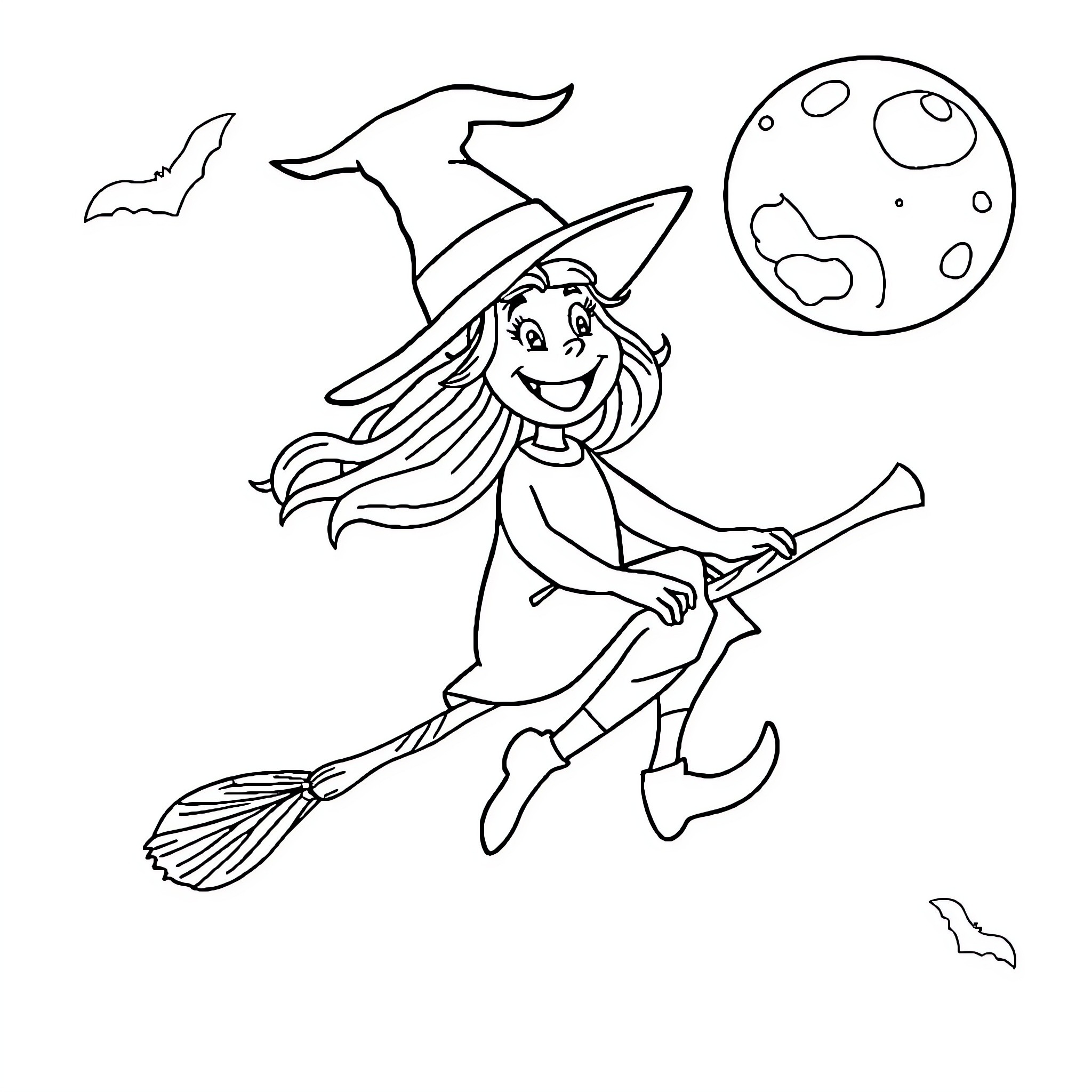 Witch flying on broomstick under the moon Coloring Page (free black-and-white line drawing printable PDF for all, from beginners to advanced learners, including children, teens, adults, and seniors)
