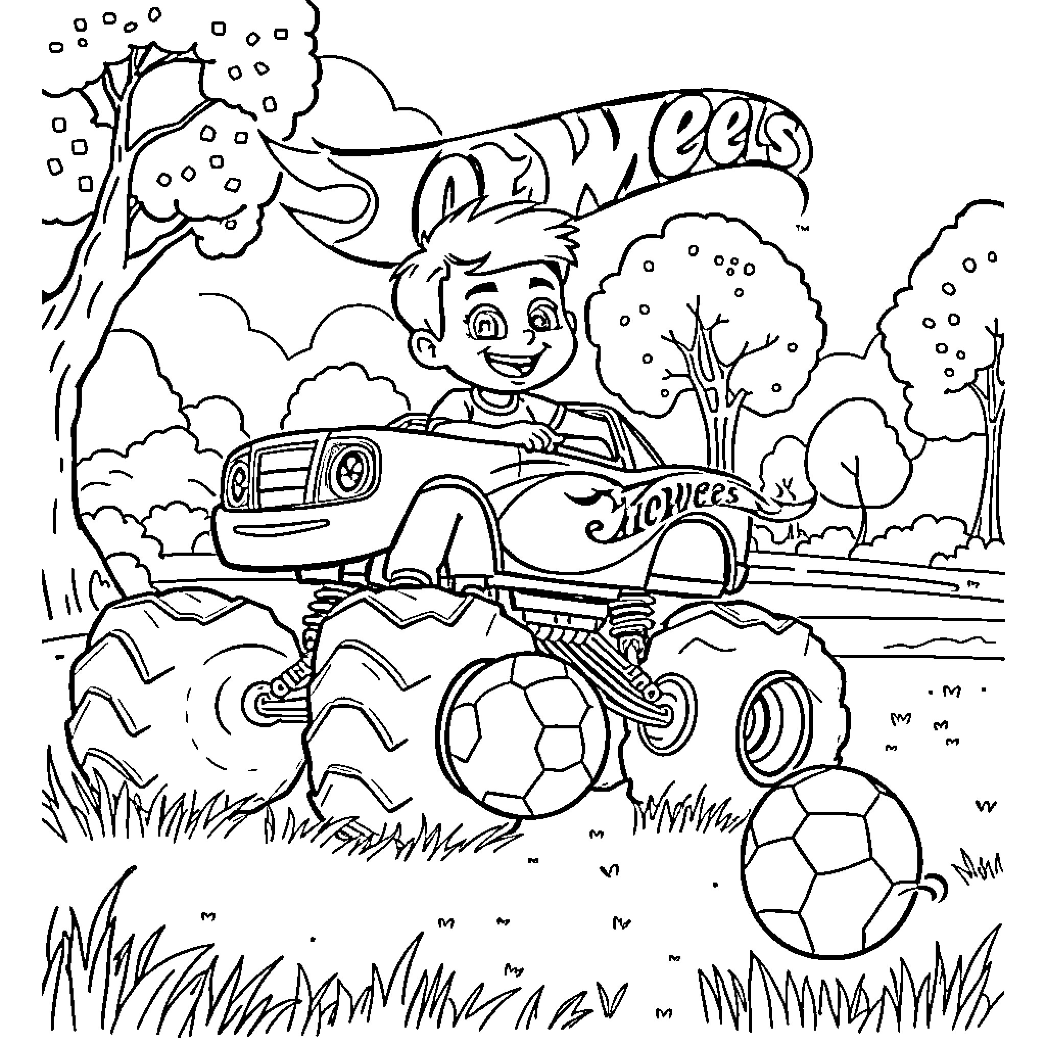 Blaze Enjoying Outdoor Adventure with Toys Coloring Page (free black-and-white line drawing printable PDF for all, from beginners to advanced learners, including children, teens, adults, and seniors)