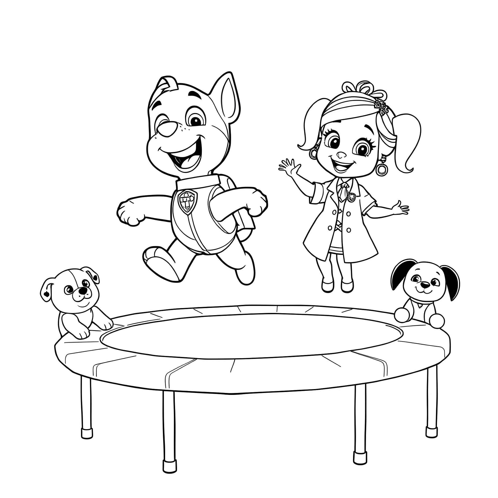 Marshall and Friends Enjoying Playtime on Trampoline Coloring Page (free black-and-white line drawing printable PDF for all, from beginners to advanced learners, including children, teens, adults, and seniors)
