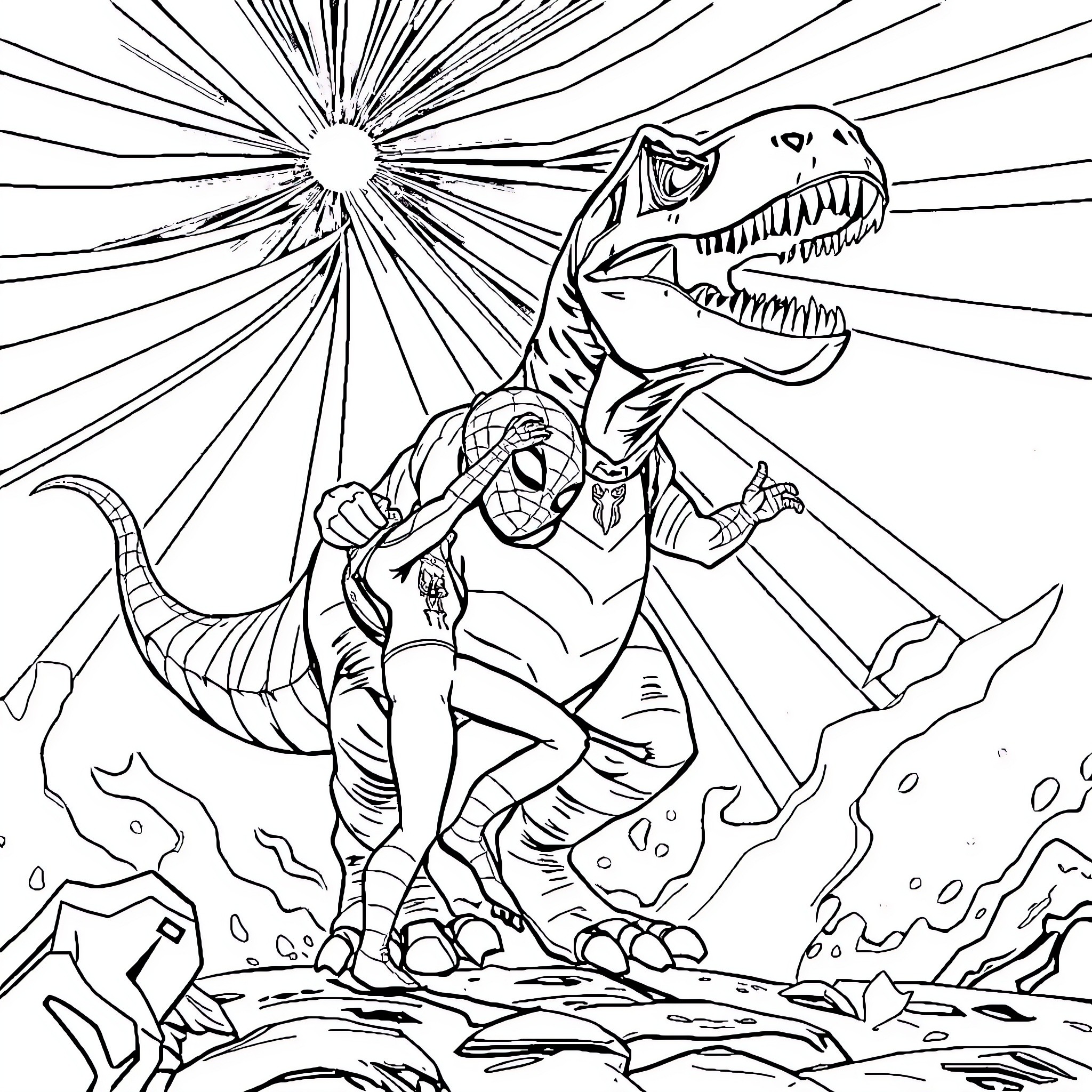 Spiderman facing off against a fearsome dinosaur Coloring Page (free black-and-white line drawing printable PDF for all, from beginners to advanced learners, including children, teens, adults, and seniors)
