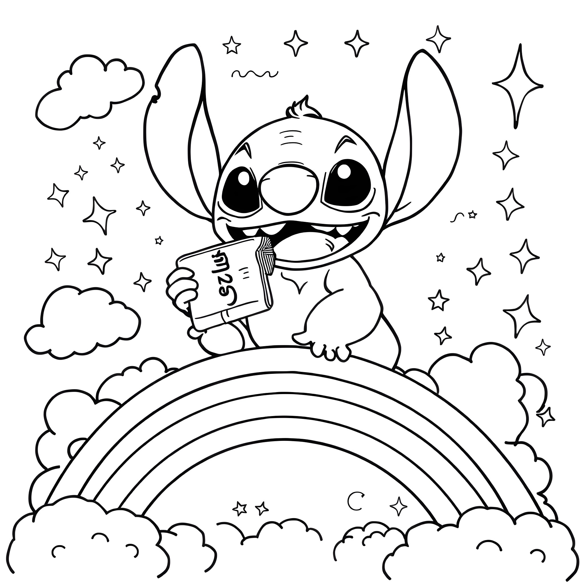 Stitch reading a book under the rainbow Coloring Page (free black-and-white line drawing printable PDF for all, from beginners to advanced learners, including children, teens, adults, and seniors)