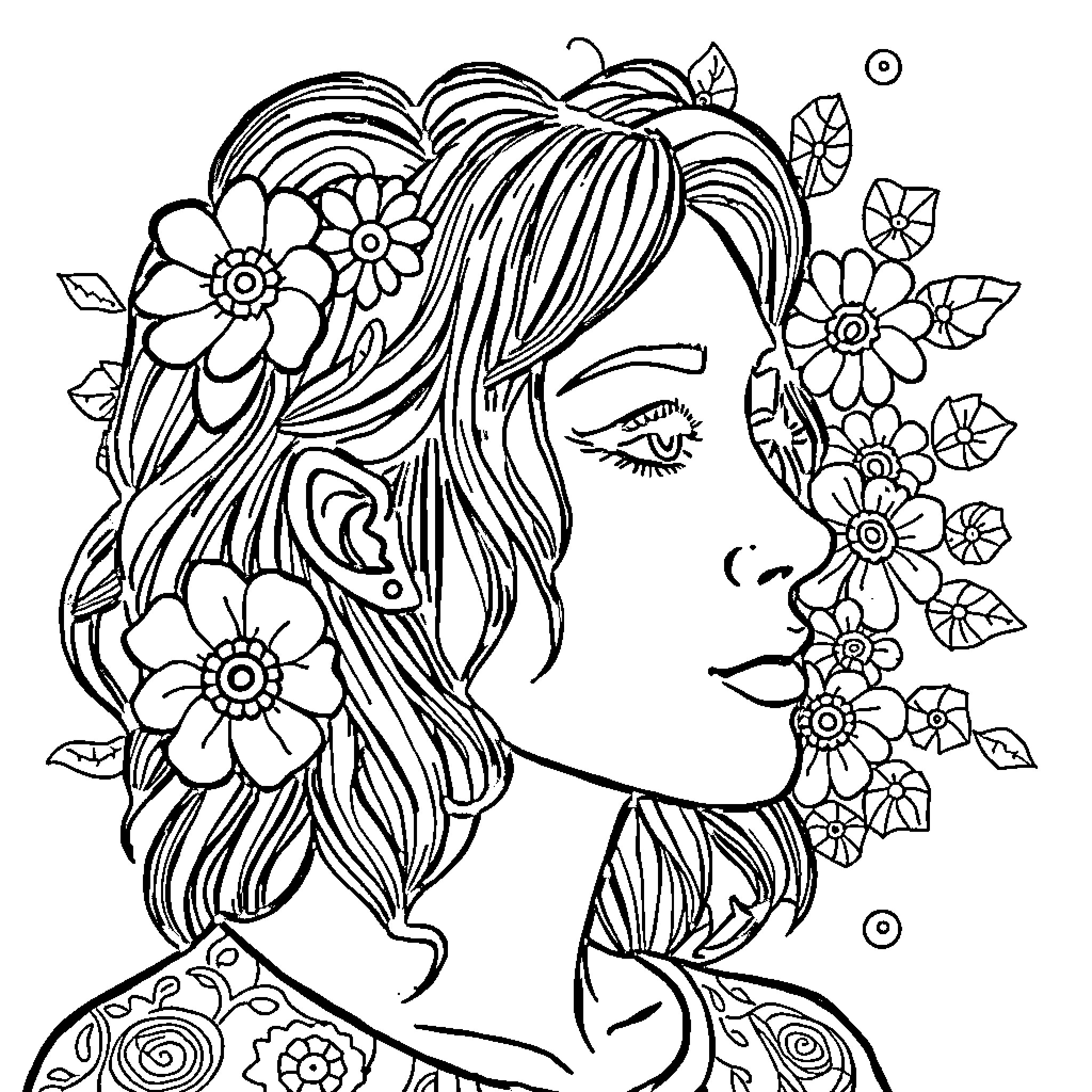 Mental Health Floral Woman Coloring Page (free black-and-white line drawing printable PDF for all, from beginners to advanced learners, including children, teens, adults, and seniors)