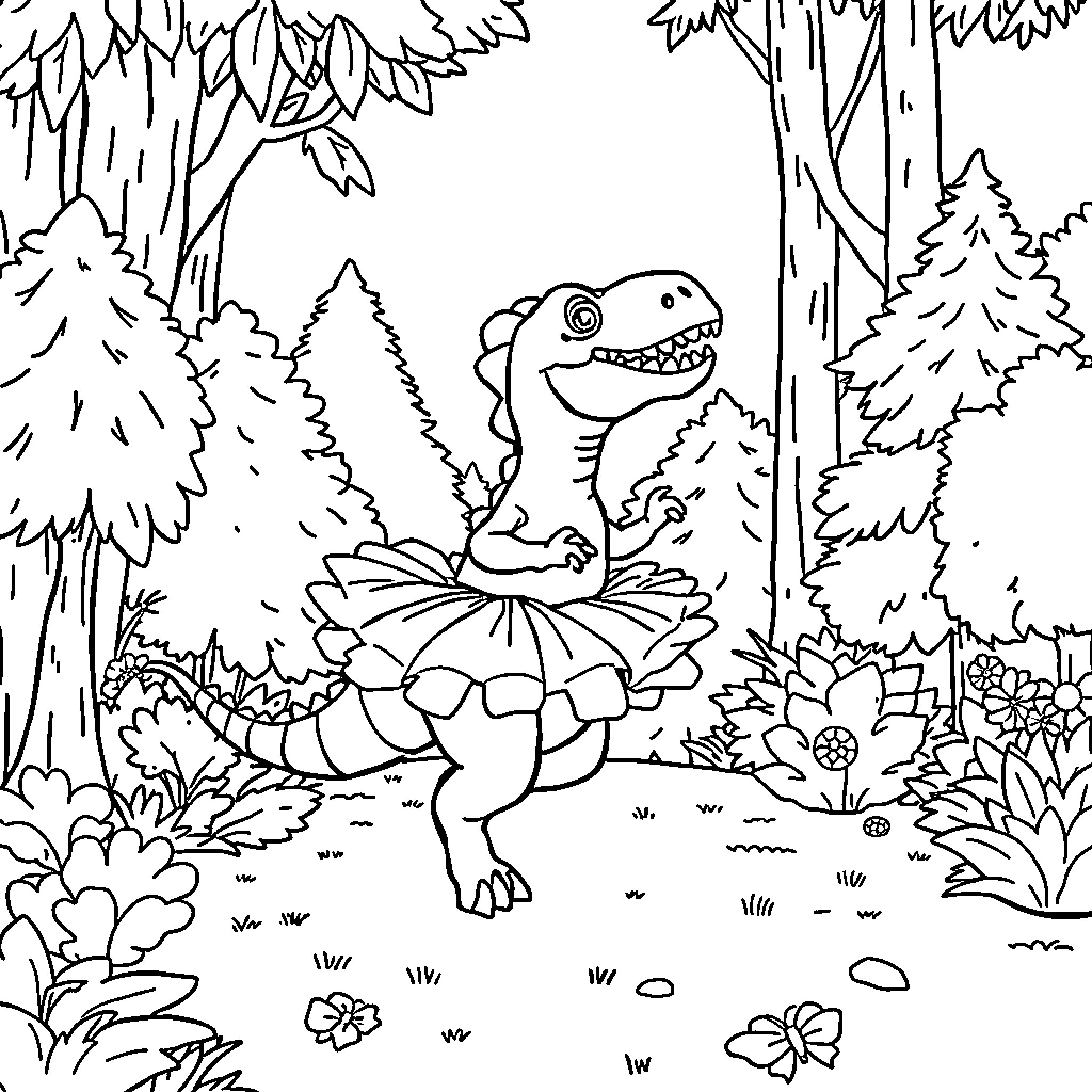 Dinosaur in a magical forest Coloring Page (free black-and-white line drawing printable PDF for all, from beginners to advanced learners, including children, teens, adults, and seniors)
