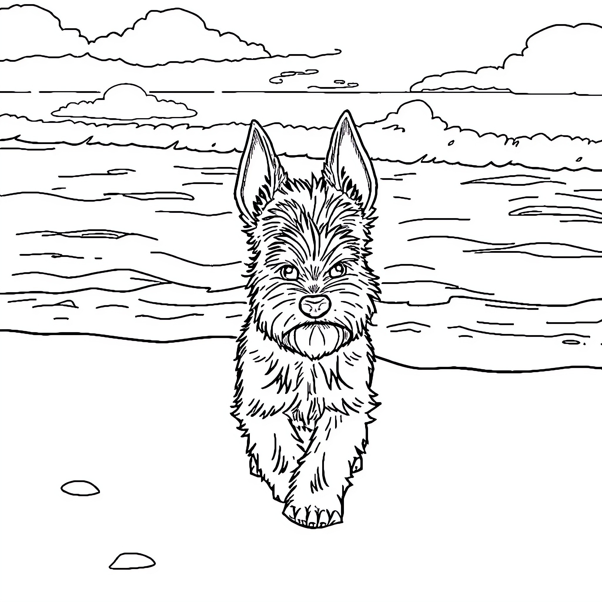 Schnauzer exploring the beach scenery Coloring Page (free black-and-white line drawing printable PDF for all, from beginners to advanced learners, including children, teens, adults, and seniors)