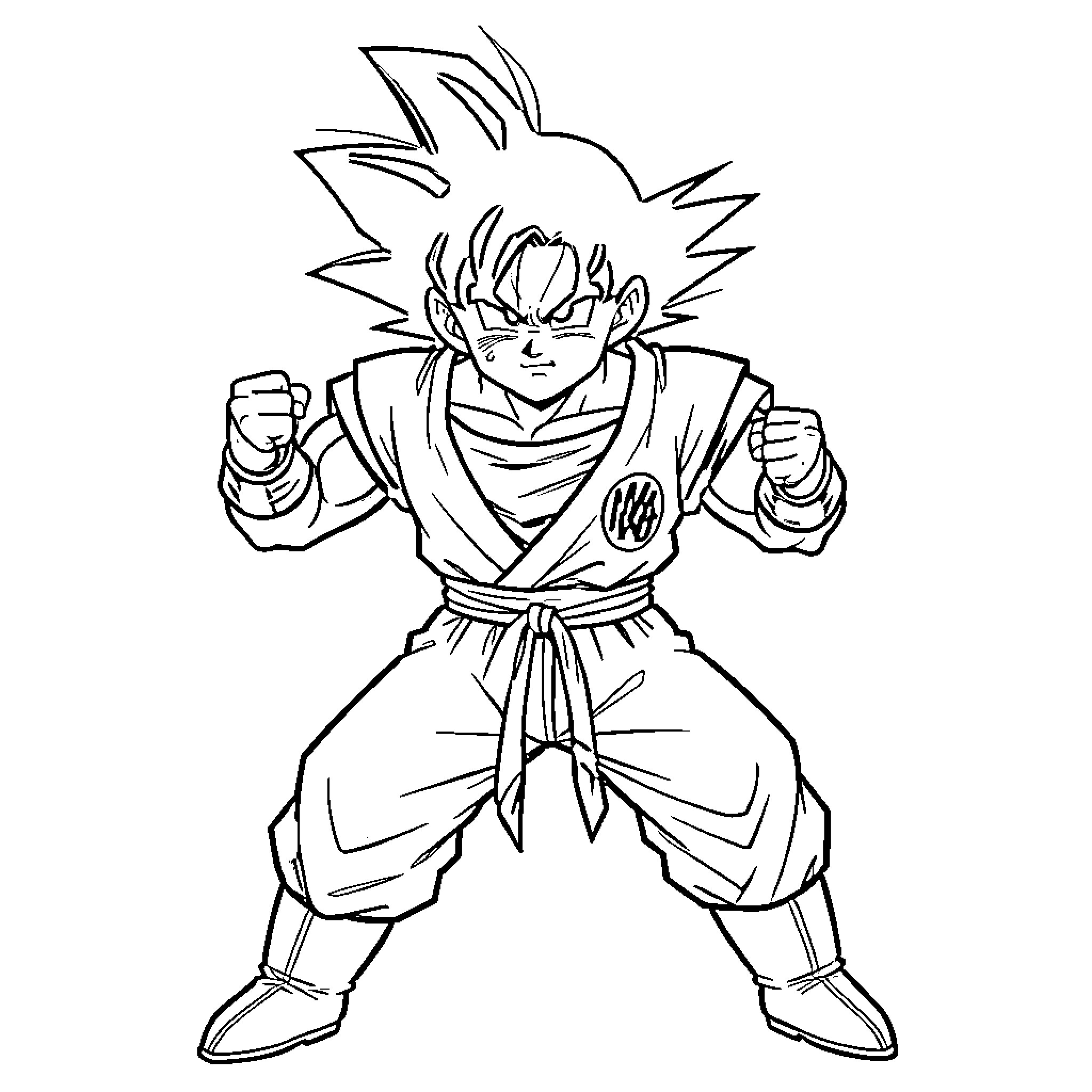 Goku in a fighting stance with clenched fists Coloring Page (free black-and-white line drawing printable PDF for all, from beginners to advanced learners, including children, teens, adults, and seniors)