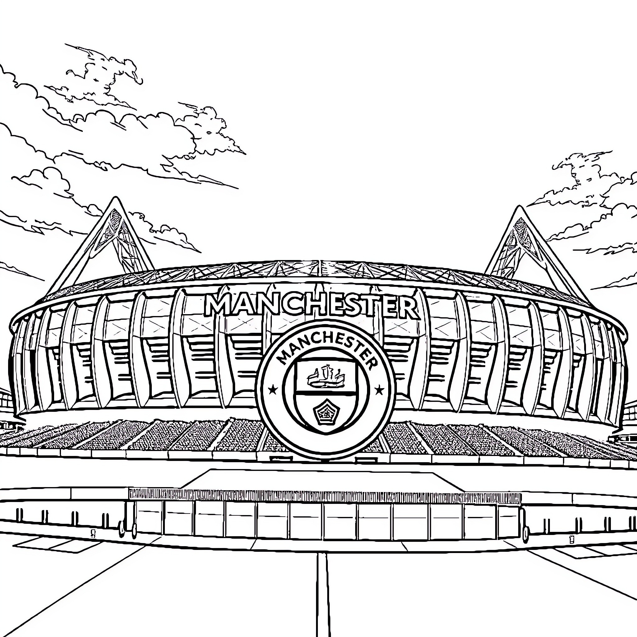 Stadium of a famous football club Coloring Page (free black-and-white line drawing printable PDF for all, from beginners to advanced learners, including children, teens, adults, and seniors)