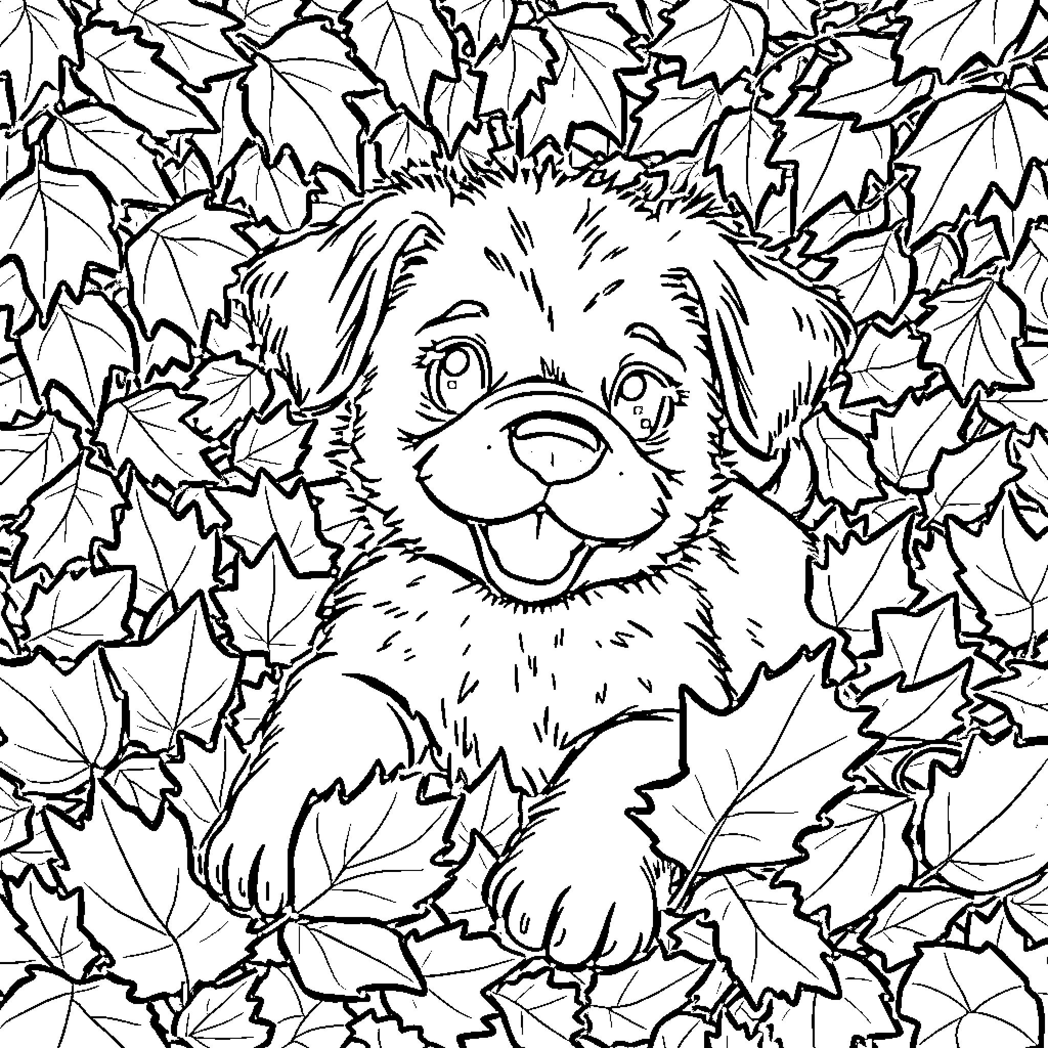Puppy peeking through autumn leaves Coloring Page (free black-and-white line drawing printable PDF for all, from beginners to advanced learners, including children, teens, adults, and seniors)