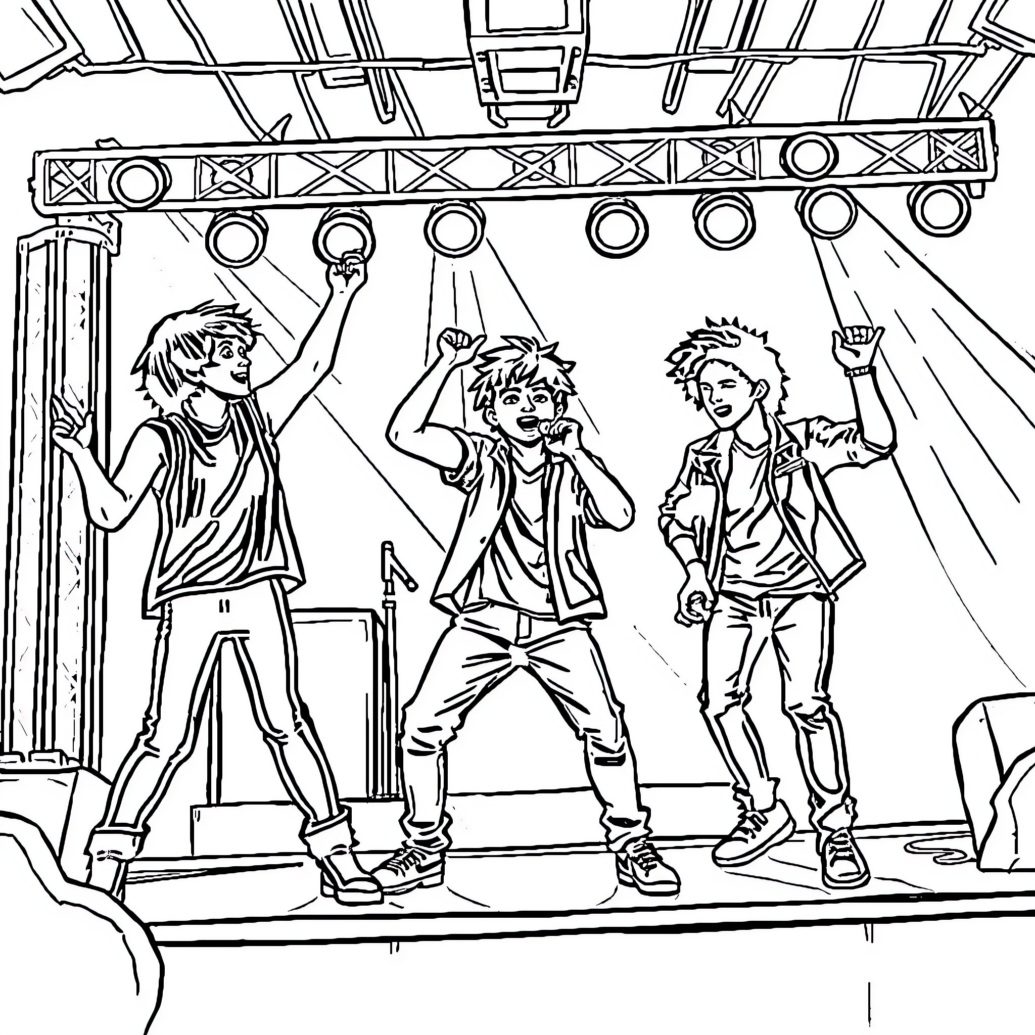 Stray Kids Rocking the Stage with Energy Coloring Page (free black-and-white line drawing printable PDF for all, from beginners to advanced learners, including children, teens, adults, and seniors)