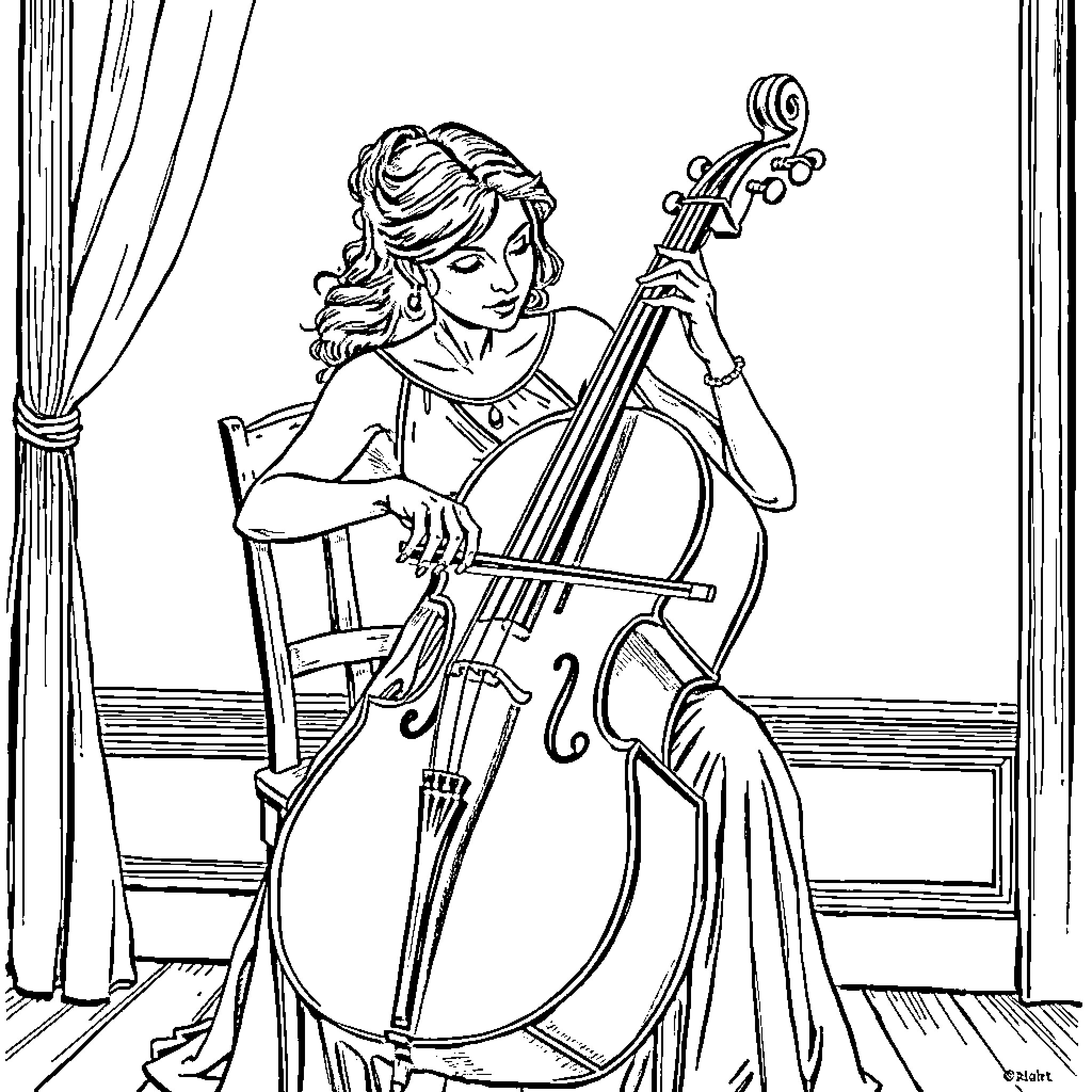 Wednesday's Cello Performance Coloring Page (free black-and-white line drawing printable PDF for all, from beginners to advanced learners, including children, teens, adults, and seniors)