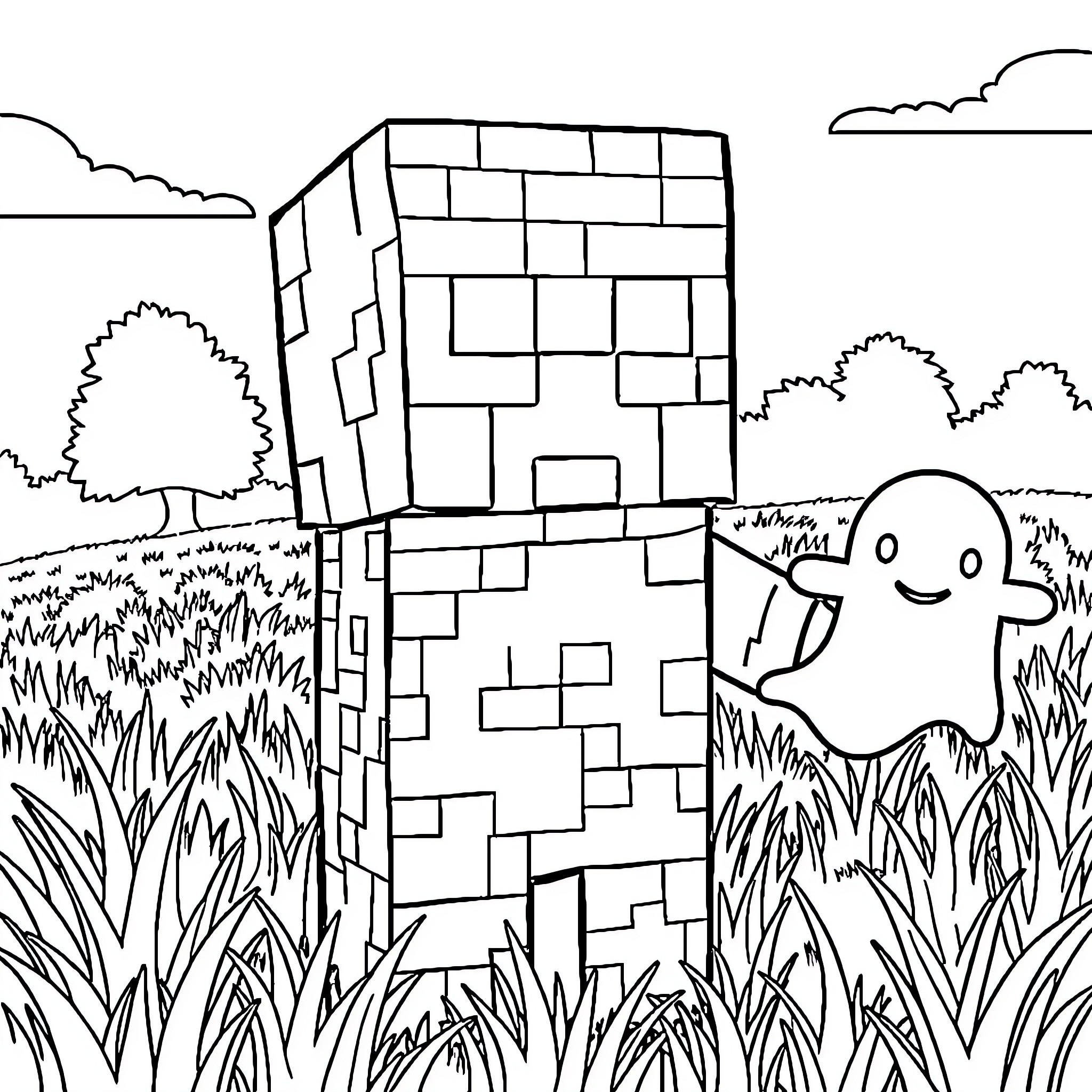 Creeper exploring a blocky landscape with tall grass Coloring Page (free black-and-white line drawing printable PDF for all, from beginners to advanced learners, including children, teens, adults, and seniors)