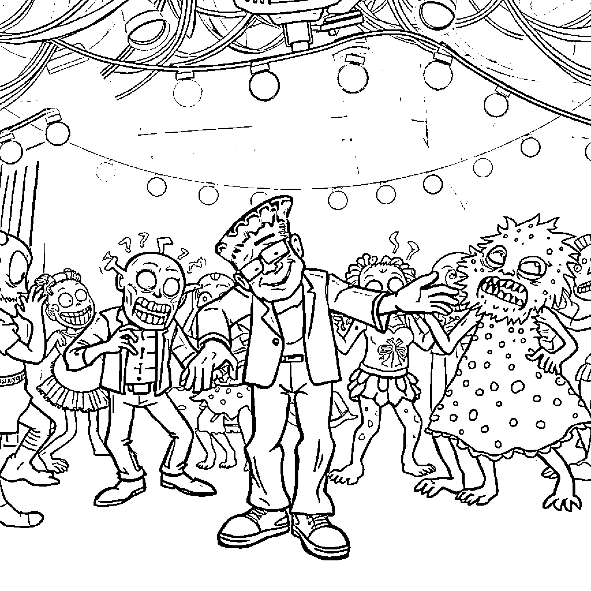 Frankenstein's Carnival of Monstrous Revelry Coloring Page (free black-and-white line drawing printable PDF for all, from beginners to advanced learners, including children, teens, adults, and seniors)