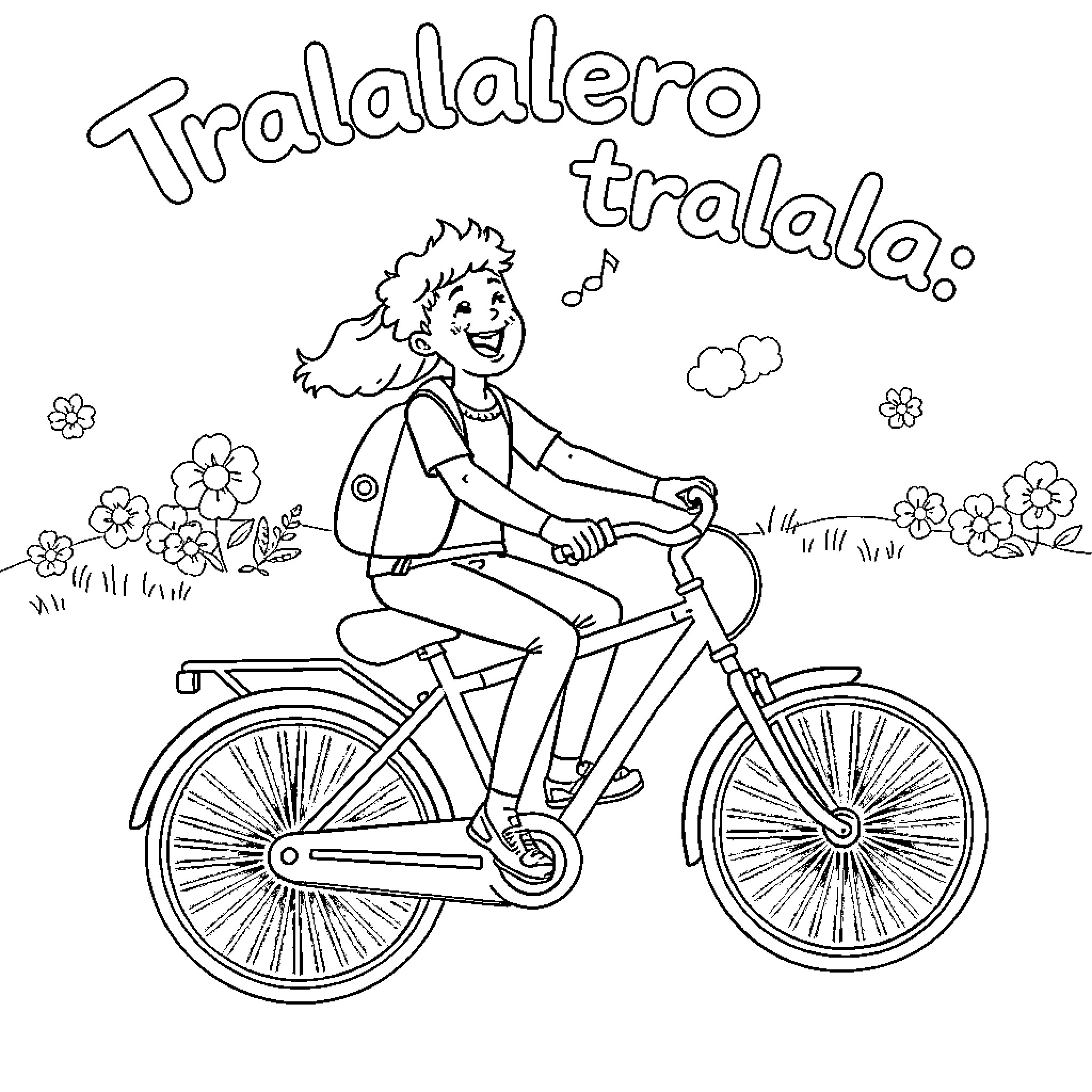 Bicycle rider singing joyfully in floral meadow Coloring Page (free black-and-white line drawing printable PDF for all, from beginners to advanced learners, including children, teens, adults, and seniors)