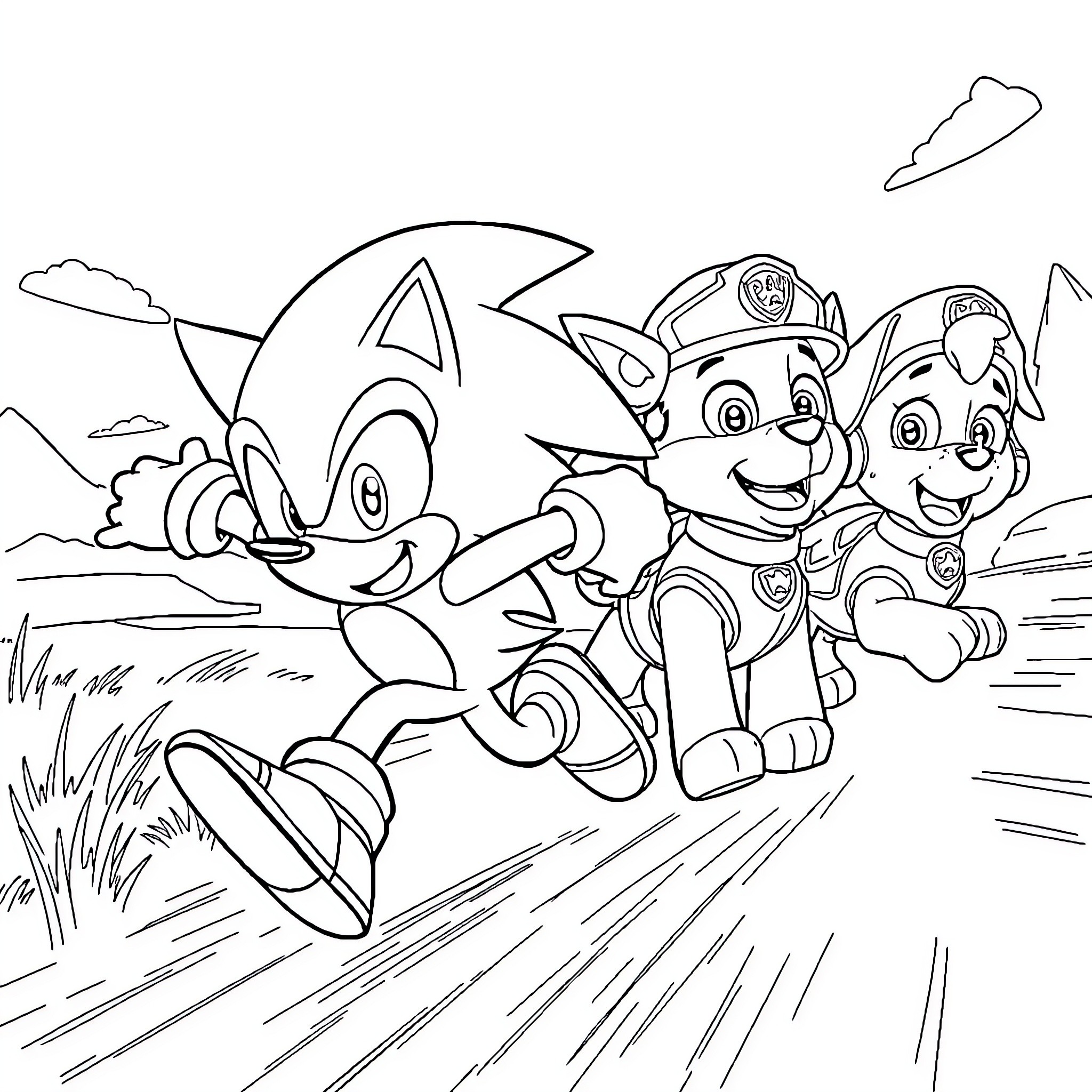 Sonic characters racing through the countryside Coloring Page (free black-and-white line drawing printable PDF for all, from beginners to advanced learners, including children, teens, adults, and seniors)