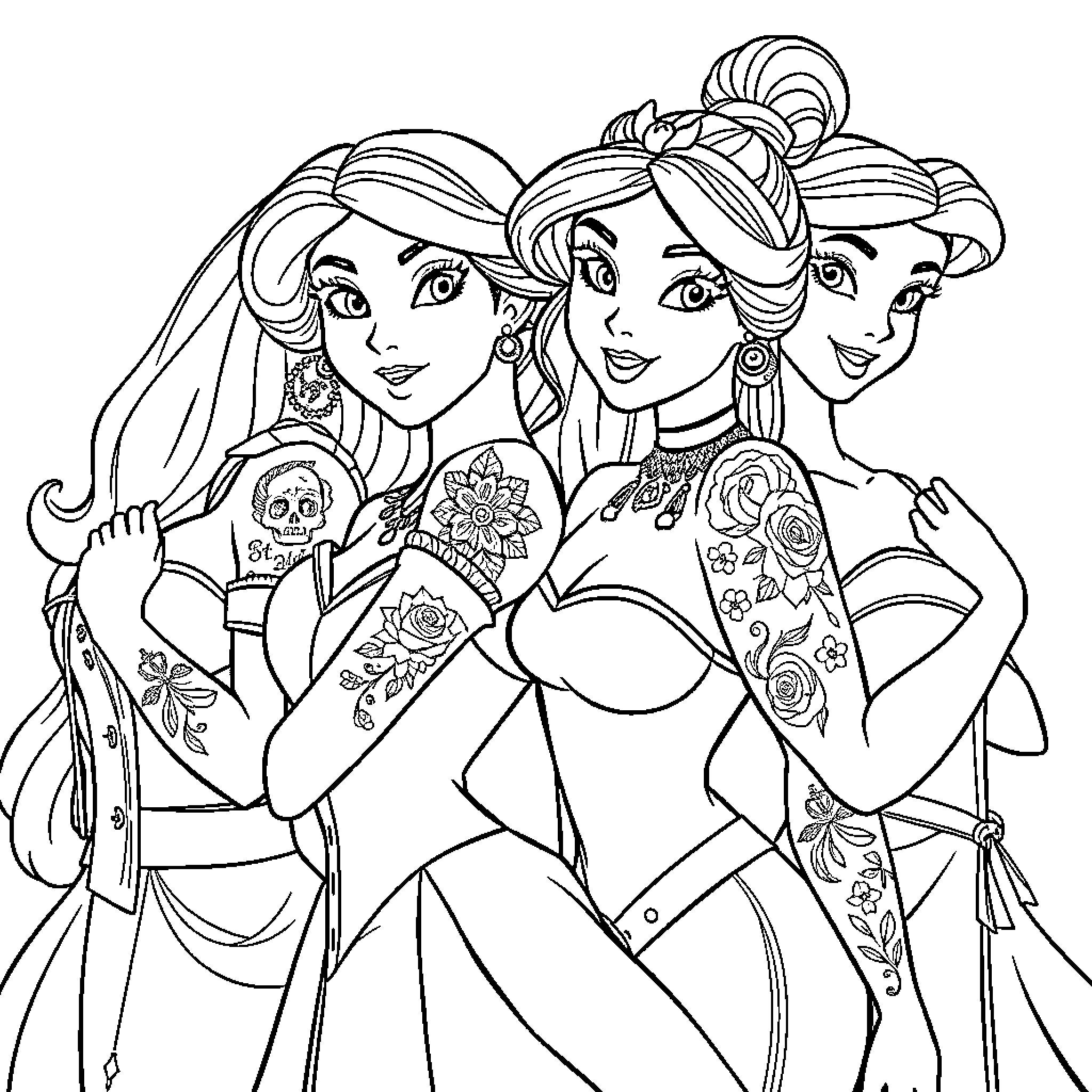Princess trio in elegant floral attire Coloring Page (free black-and-white line drawing printable PDF for all, from beginners to advanced learners, including children, teens, adults, and seniors)