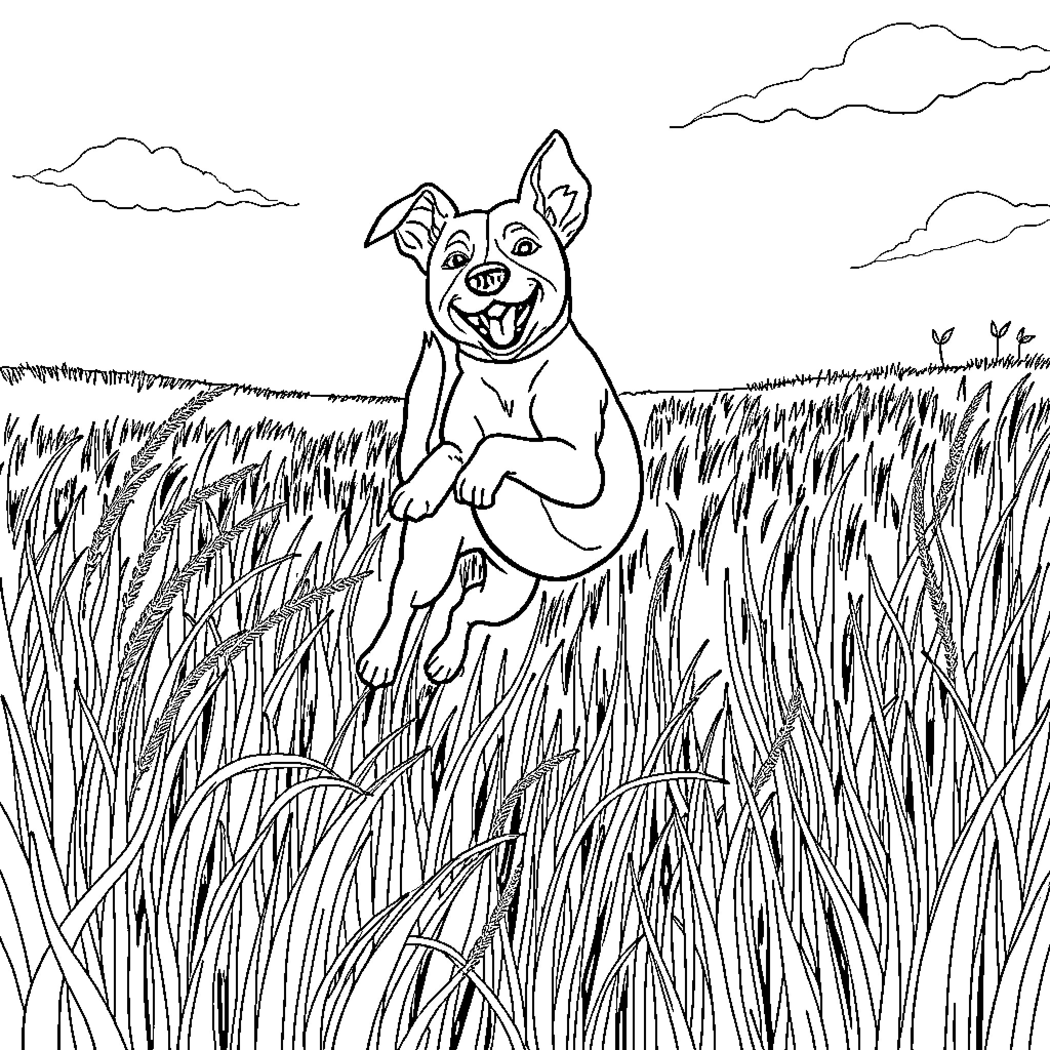 Jack Russell playing joyfully in tall grass field Coloring Page (free black-and-white line drawing printable PDF for all, from beginners to advanced learners, including children, teens, adults, and seniors)