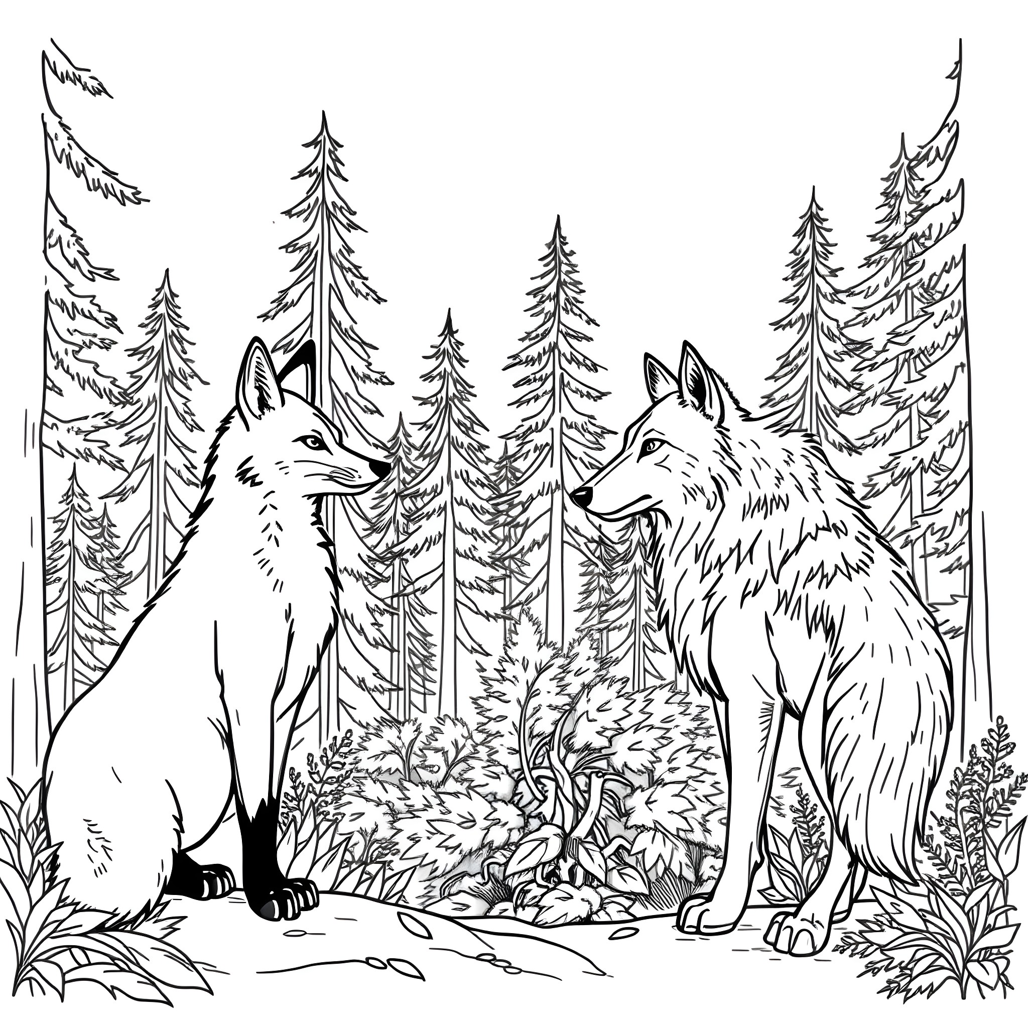 Fox pair exploring the forest trail Coloring Page (free black-and-white line drawing printable PDF for all, from beginners to advanced learners, including children, teens, adults, and seniors)