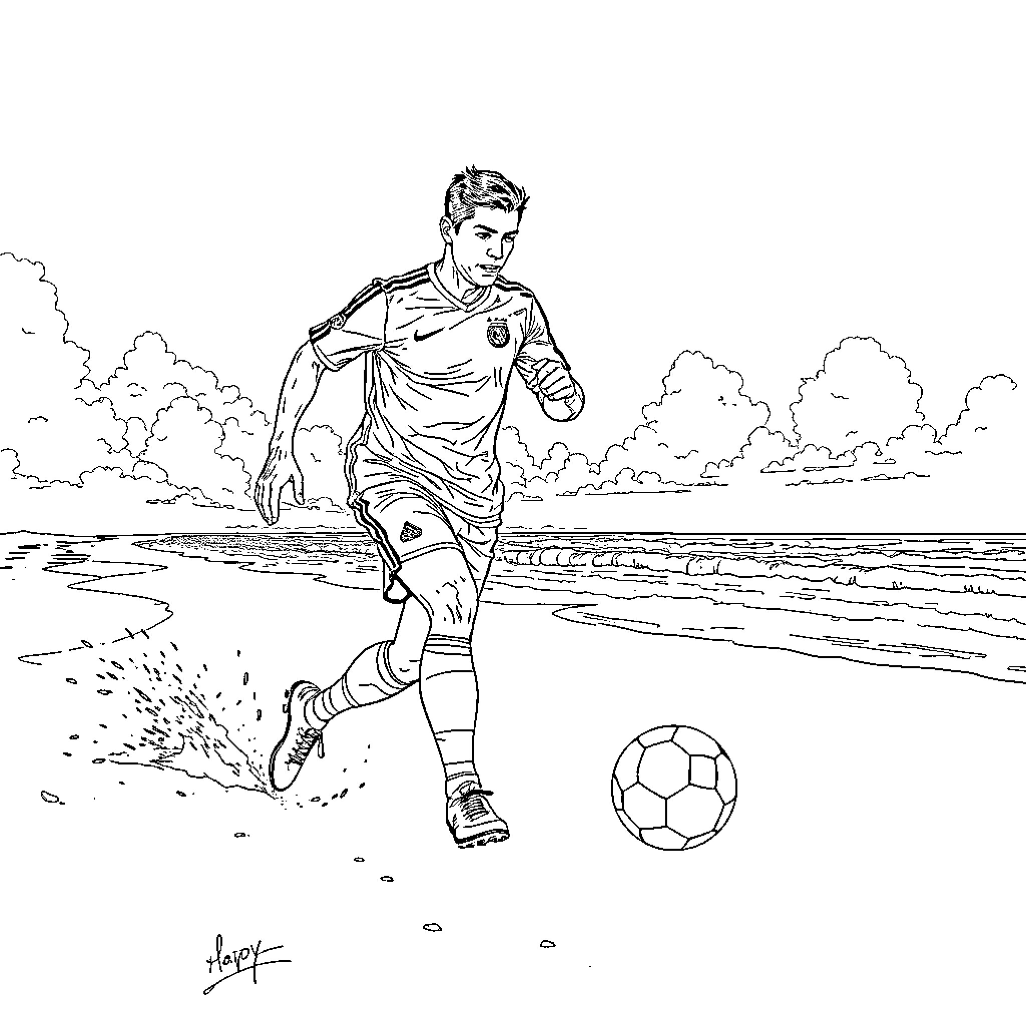 Ronaldo playing soccer on the beach Coloring Page (free black-and-white line drawing printable PDF for all, from beginners to advanced learners, including children, teens, adults, and seniors)