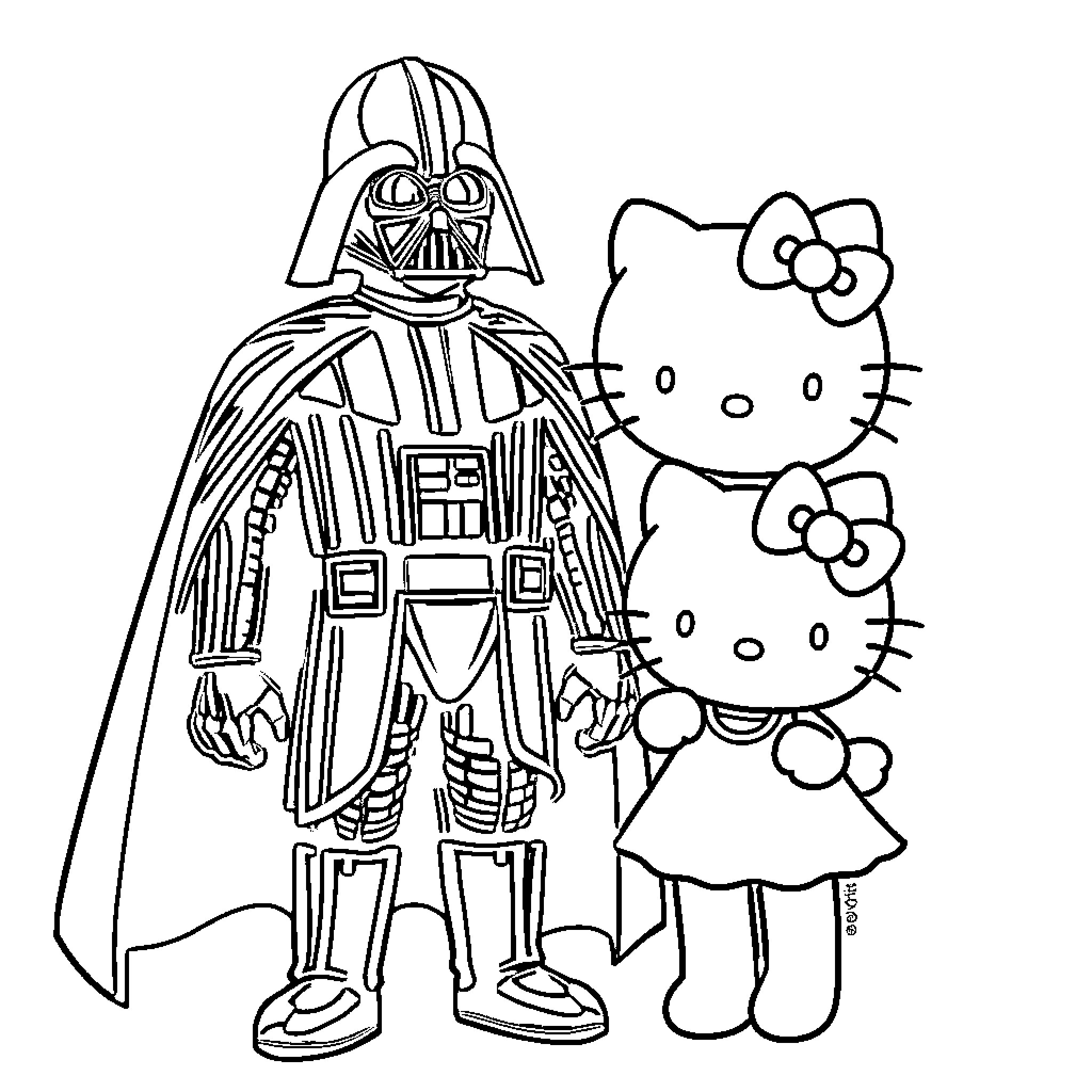 Darth Vader and Hello Kitty in unexpected encounter Coloring Page (free black-and-white line drawing printable PDF for all, from beginners to advanced learners, including children, teens, adults, and seniors)
