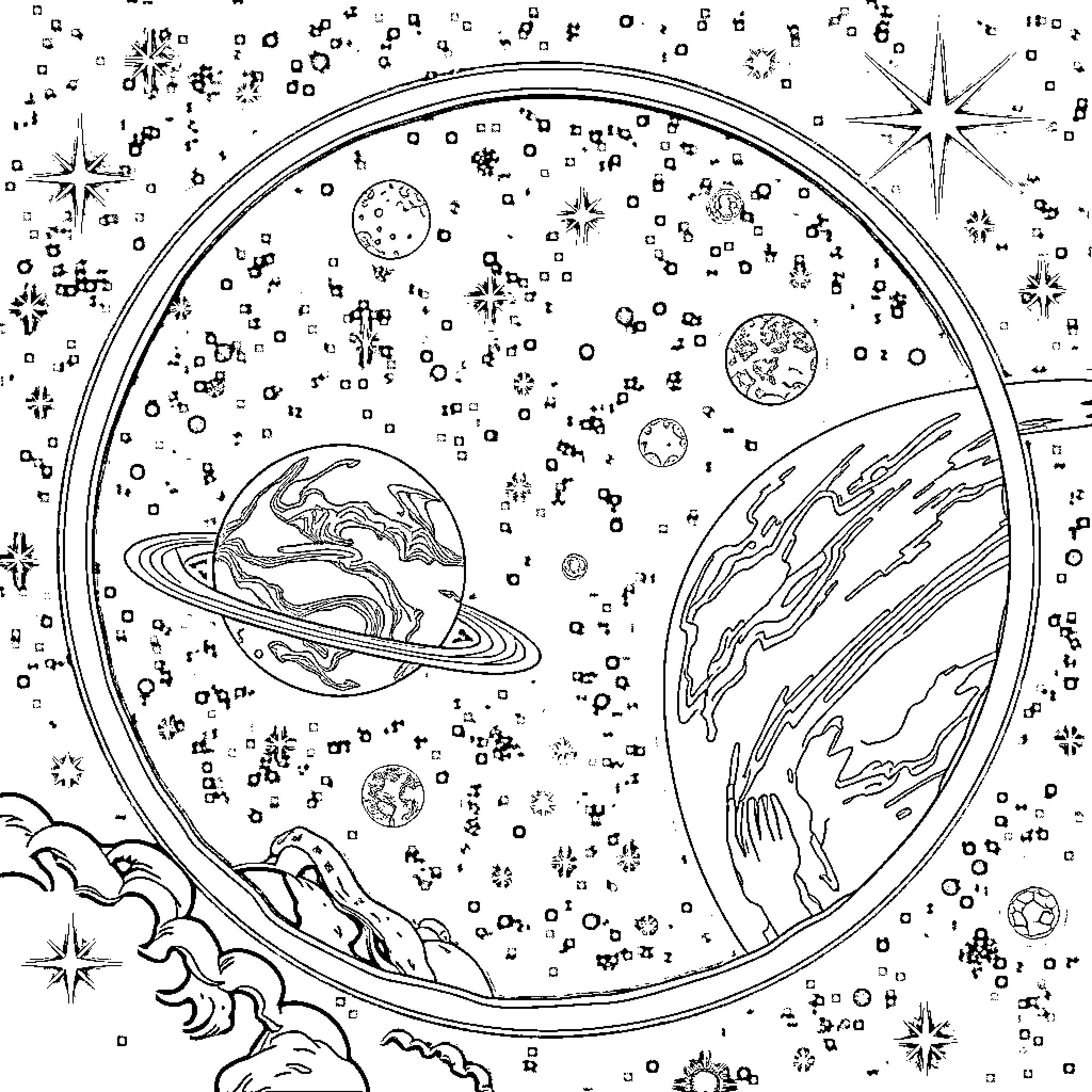 Solar System Planets Floating in Cosmic Splendor Coloring Page (free black-and-white line drawing printable PDF for all, from beginners to advanced learners, including children, teens, adults, and seniors)