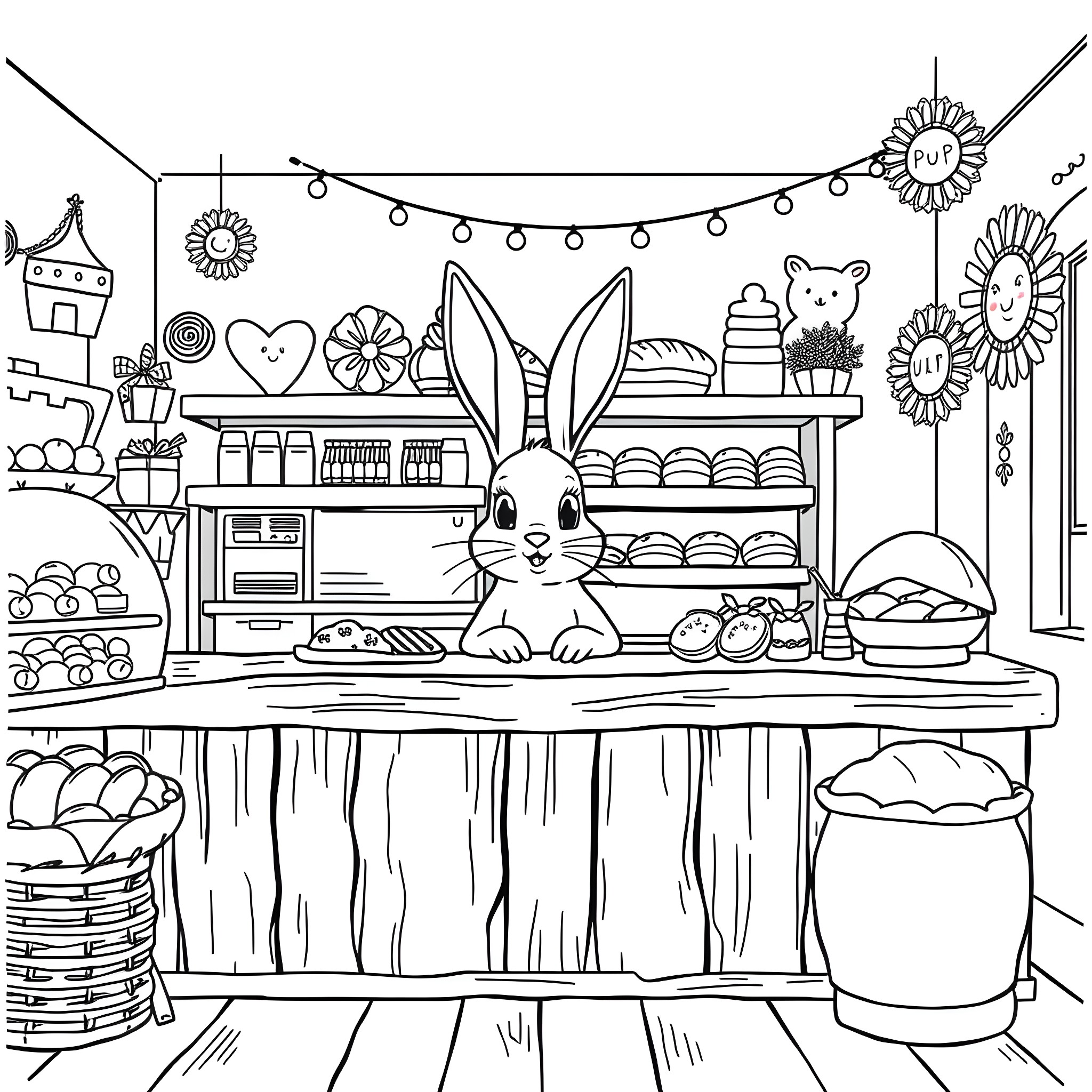 Bunny at the Cozy Bakery Coloring Page (free black-and-white line drawing printable PDF for all, from beginners to advanced learners, including children, teens, adults, and seniors)