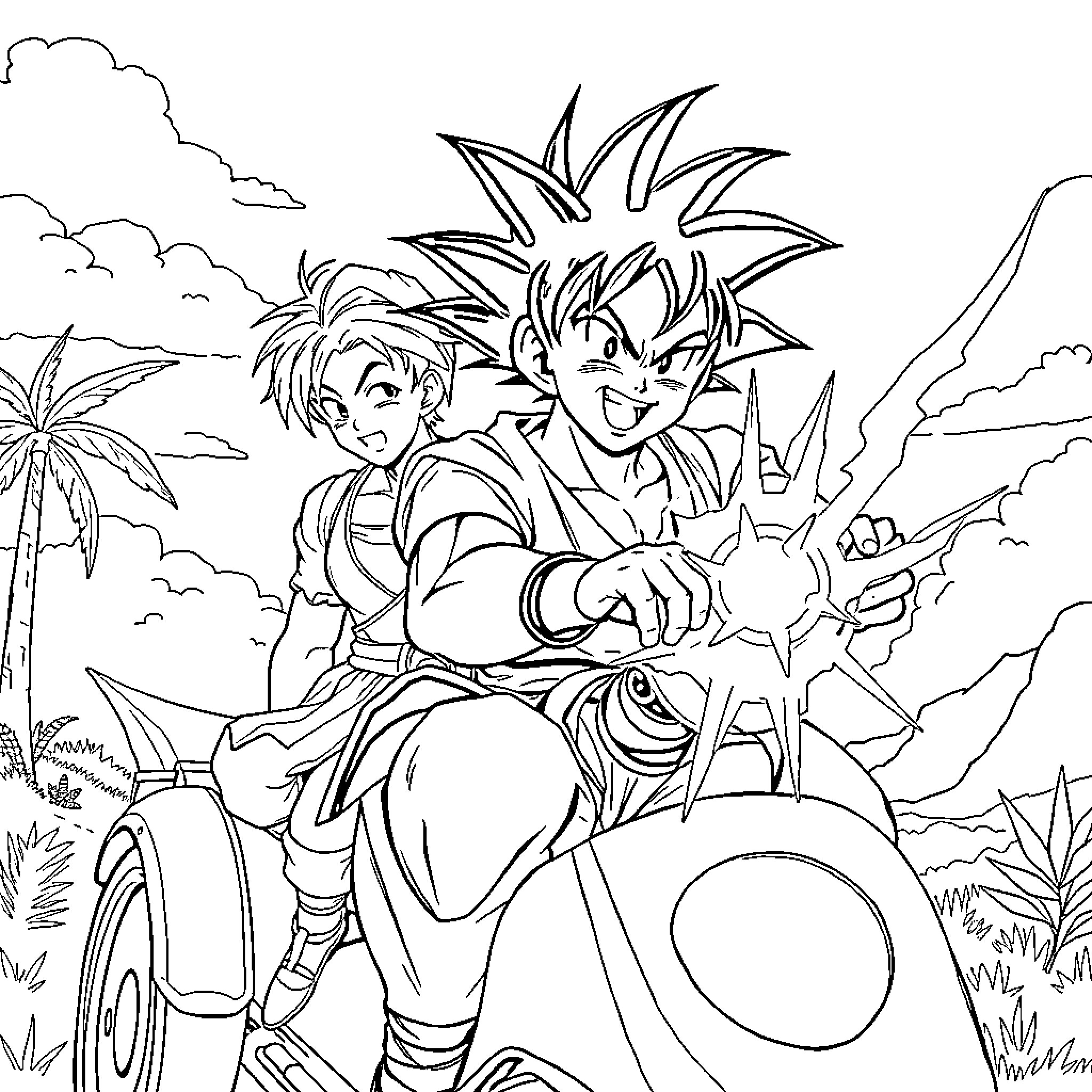 Son Goku and companion engaging in heroic action Coloring Page (free black-and-white line drawing printable PDF for all, from beginners to advanced learners, including children, teens, adults, and seniors)
