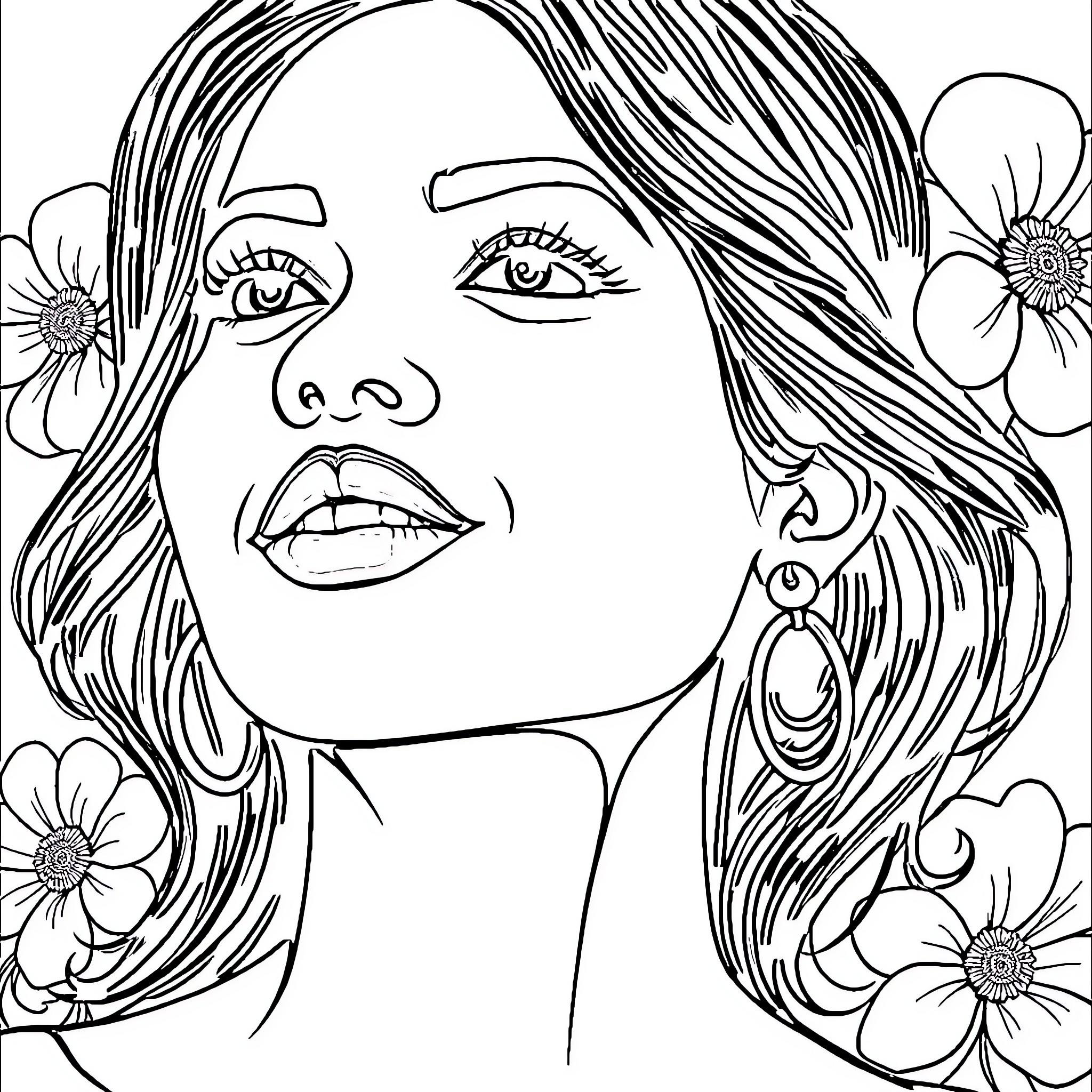 Woman with flowing hair and flowers Coloring Page (free black-and-white line drawing printable PDF for all, from beginners to advanced learners, including children, teens, adults, and seniors)