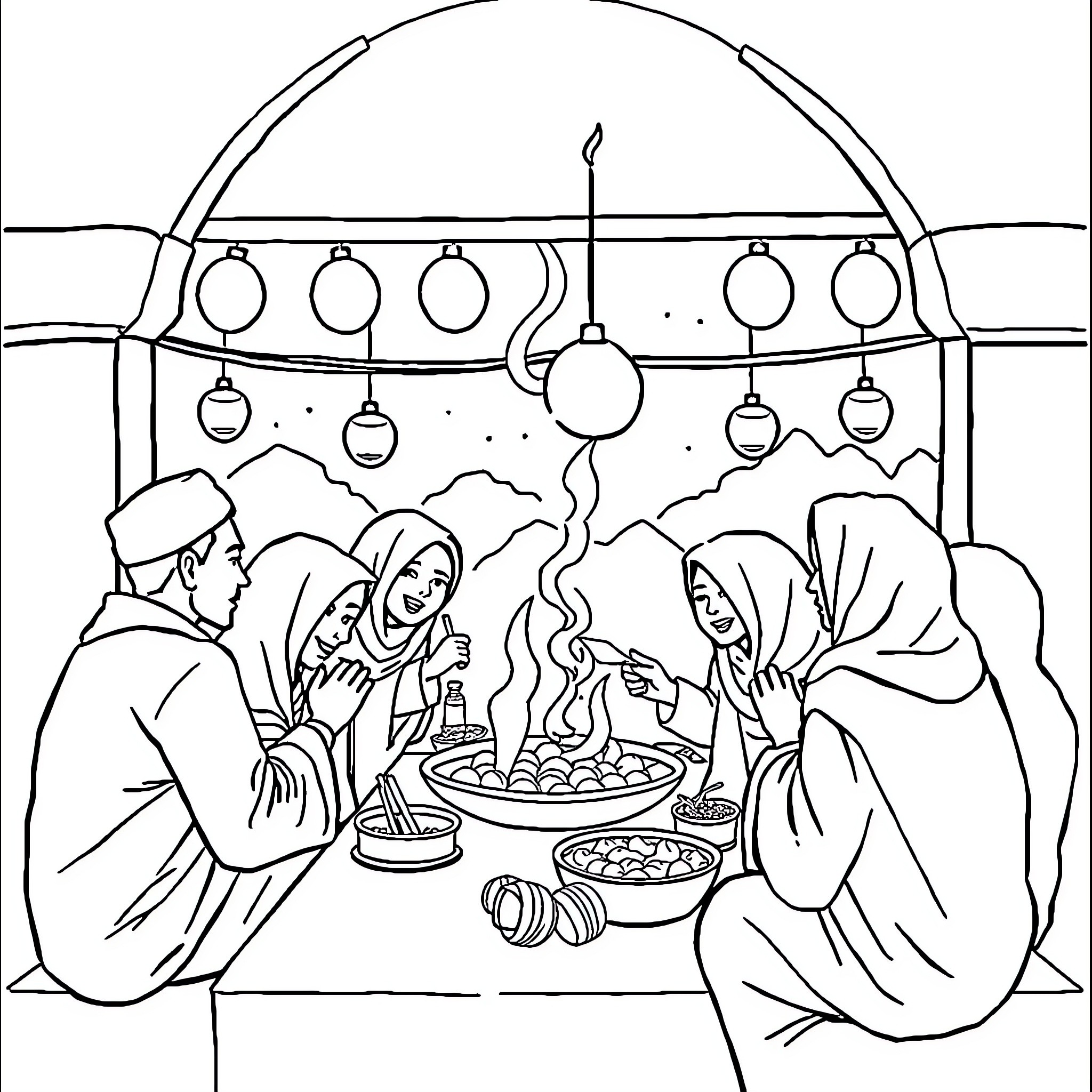 Tung Tung Family Gathering for Meal Coloring Page (free black-and-white line drawing printable PDF for all, from beginners to advanced learners, including children, teens, adults, and seniors)