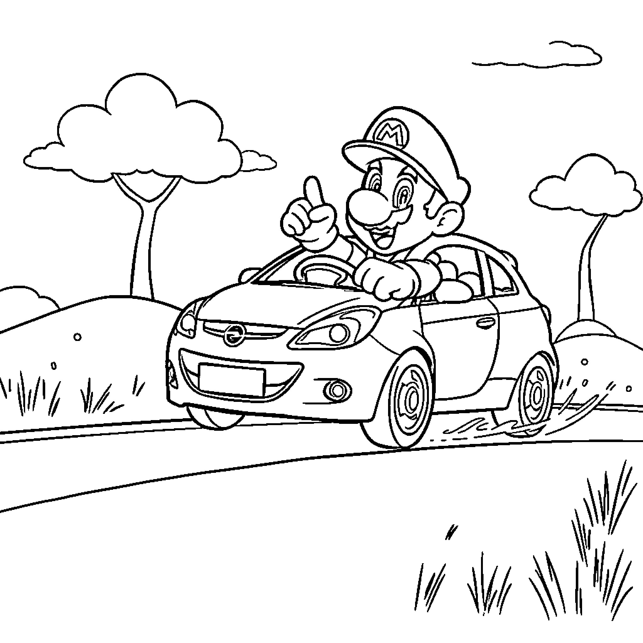 Super Mario driving car on the road Coloring Page (free black-and-white line drawing printable PDF for all, from beginners to advanced learners, including children, teens, adults, and seniors)