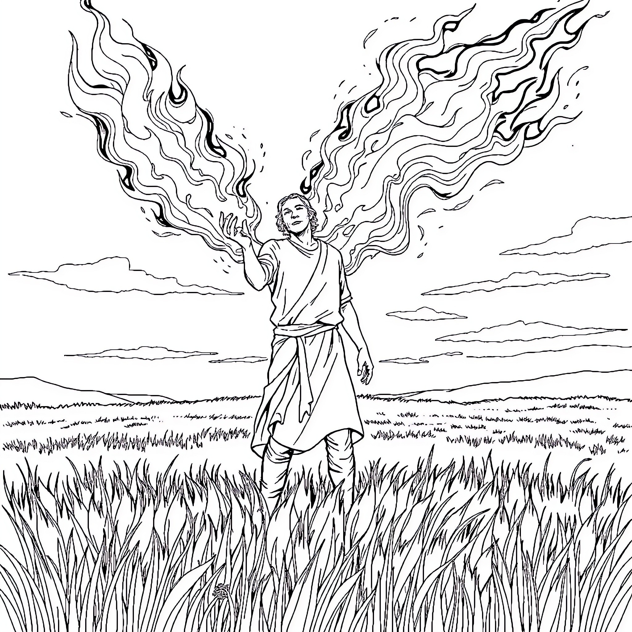 Man wielding fire in a natural setting Coloring Page (free black-and-white line drawing printable PDF for all, from beginners to advanced learners, including children, teens, adults, and seniors)