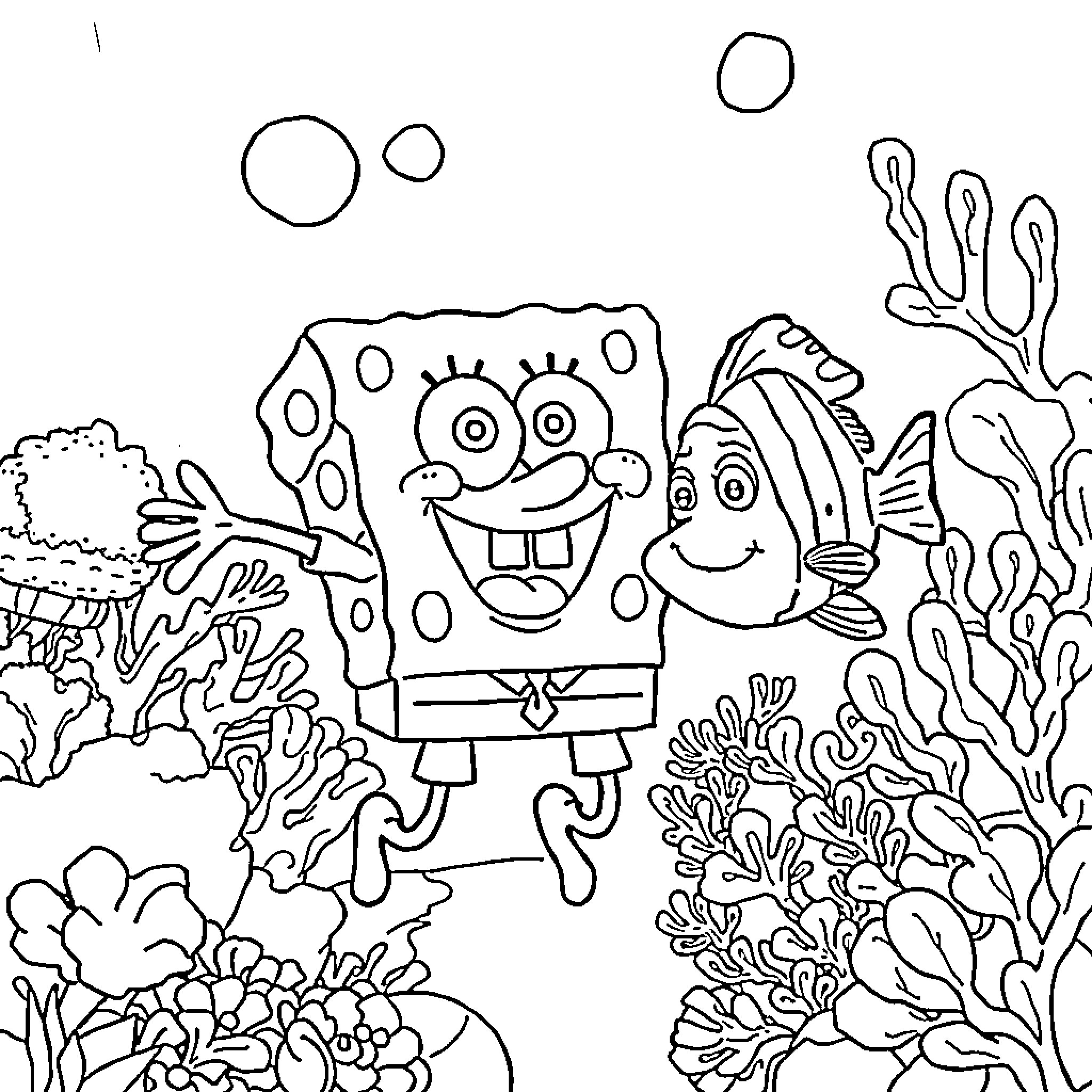 Spongebob and Patrick exploring the underwater world Coloring Page (free black-and-white line drawing printable PDF for all, from beginners to advanced learners, including children, teens, adults, and seniors)