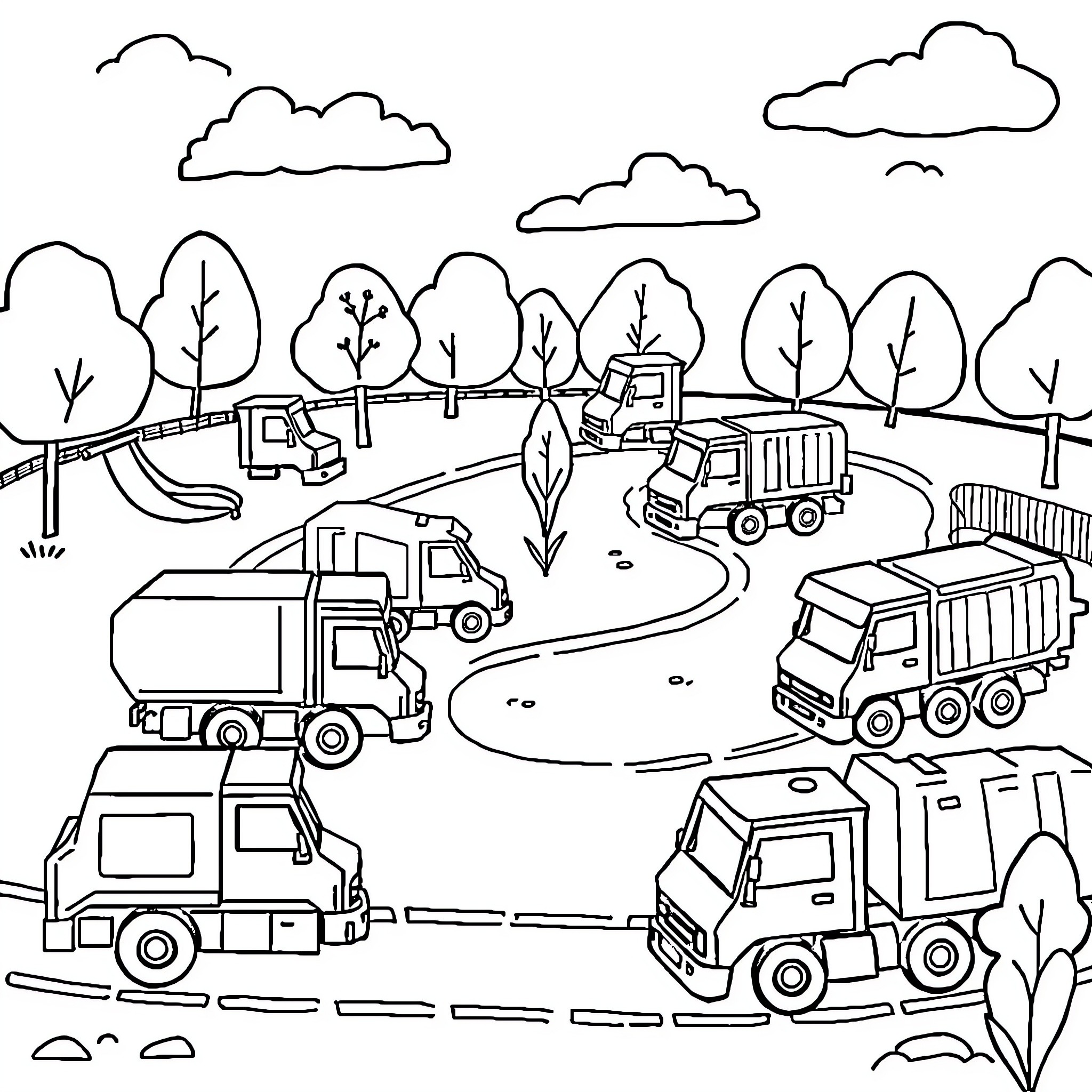Garbage Trucks Working in the Countryside Coloring Page (free black-and-white line drawing printable PDF for all, from beginners to advanced learners, including children, teens, adults, and seniors)