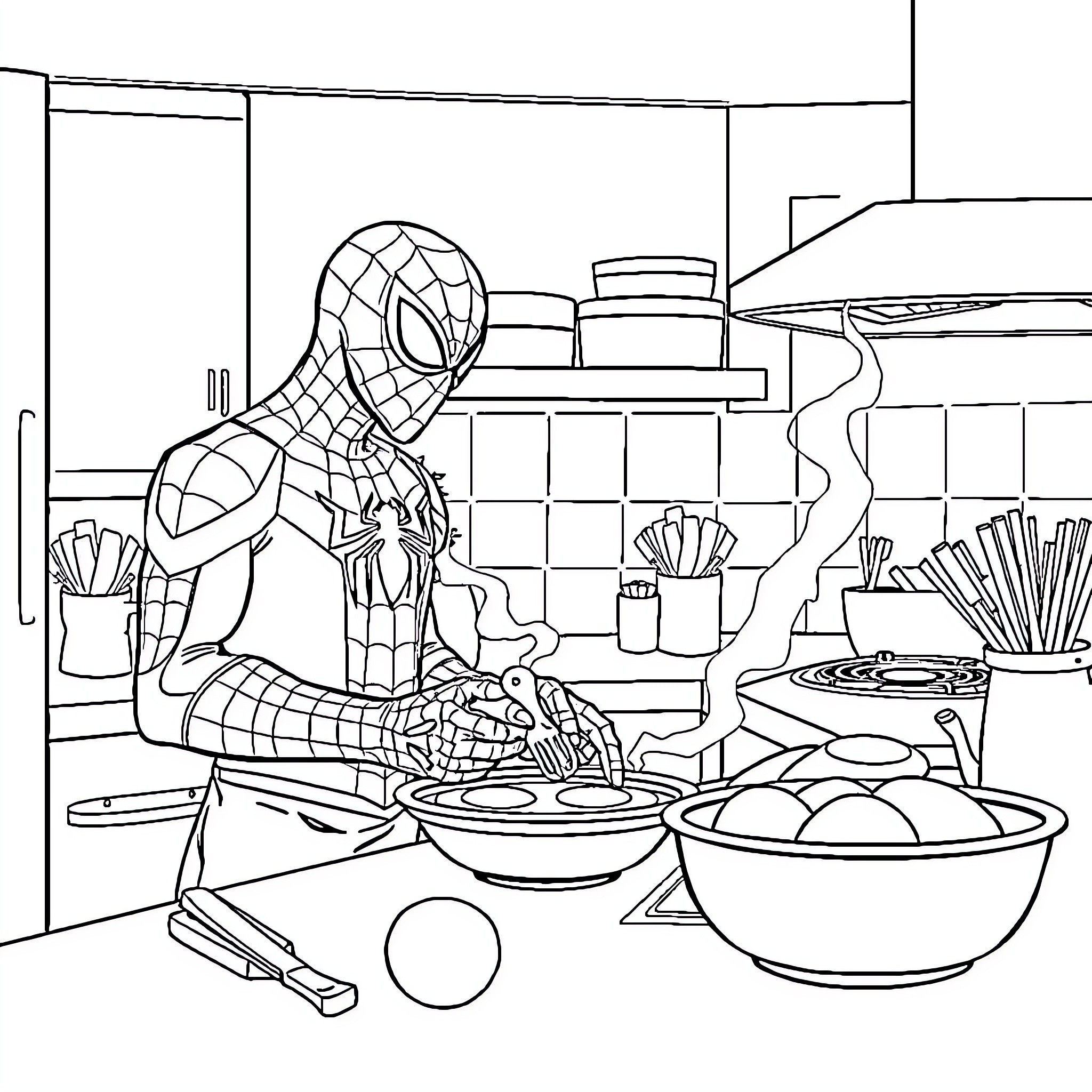 Spiderman cooking a meal in the kitchen Coloring Page (free black-and-white line drawing printable PDF for all, from beginners to advanced learners, including children, teens, adults, and seniors)