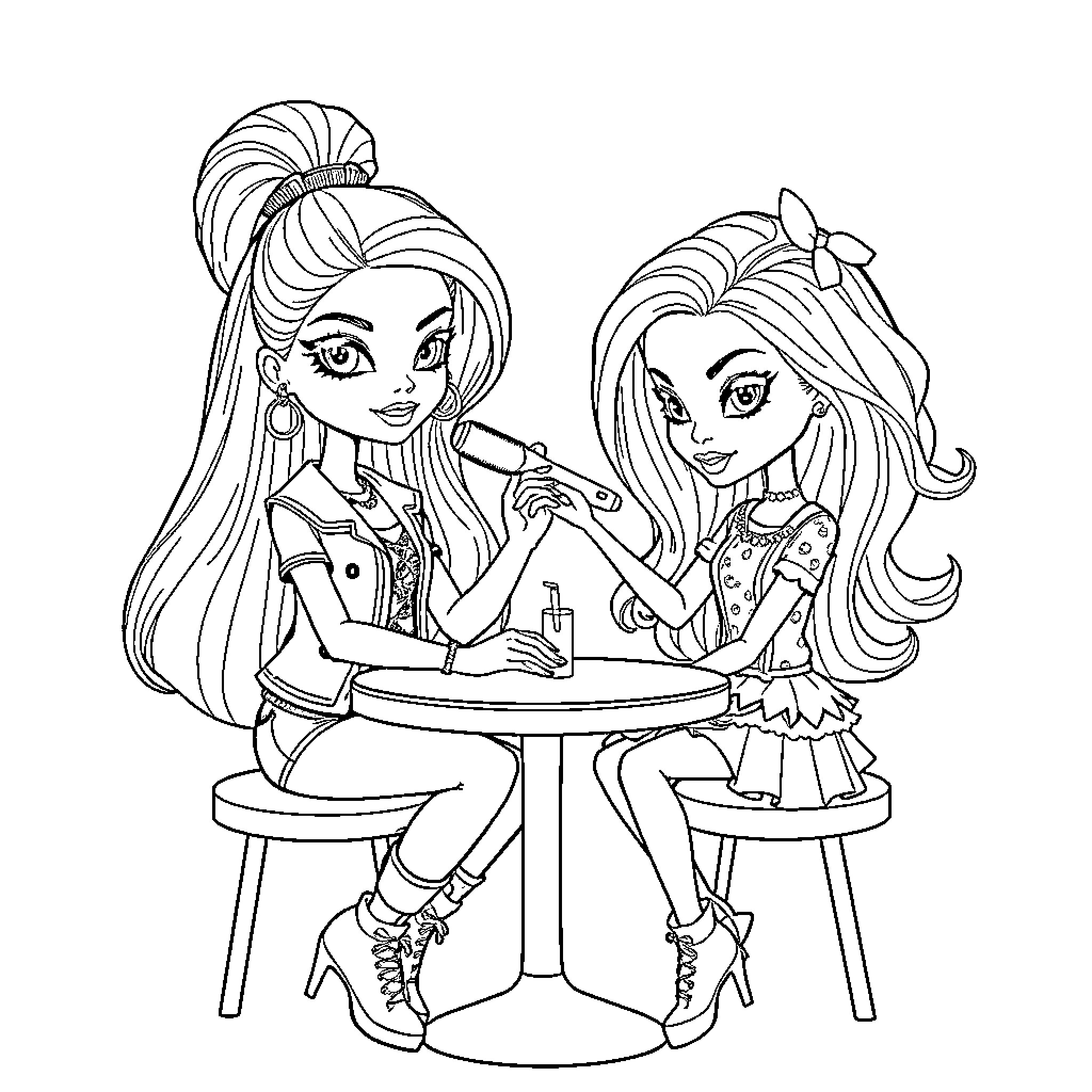 Bratz Dolls chatting at a café Coloring Page (free black-and-white line drawing printable PDF for all, from beginners to advanced learners, including children, teens, adults, and seniors)