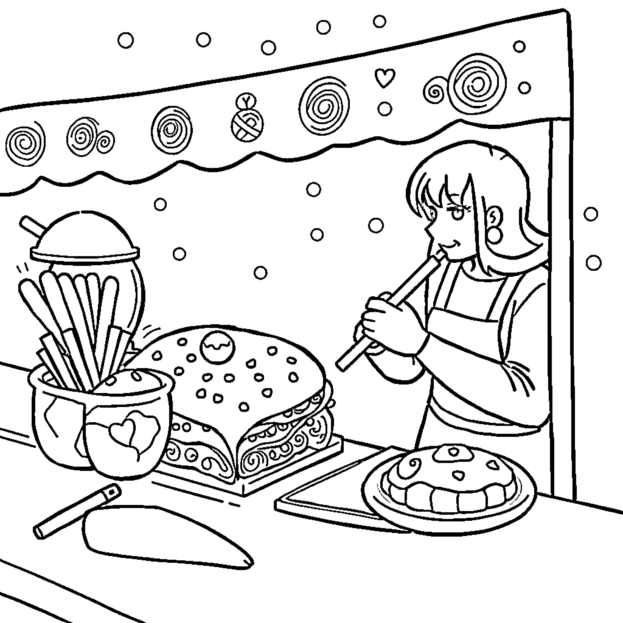 Crepes and Waffles: Girl Enjoying Desserts Coloring Page (free black-and-white line drawing printable PDF for all, from beginners to advanced learners, including children, teens, adults, and seniors)