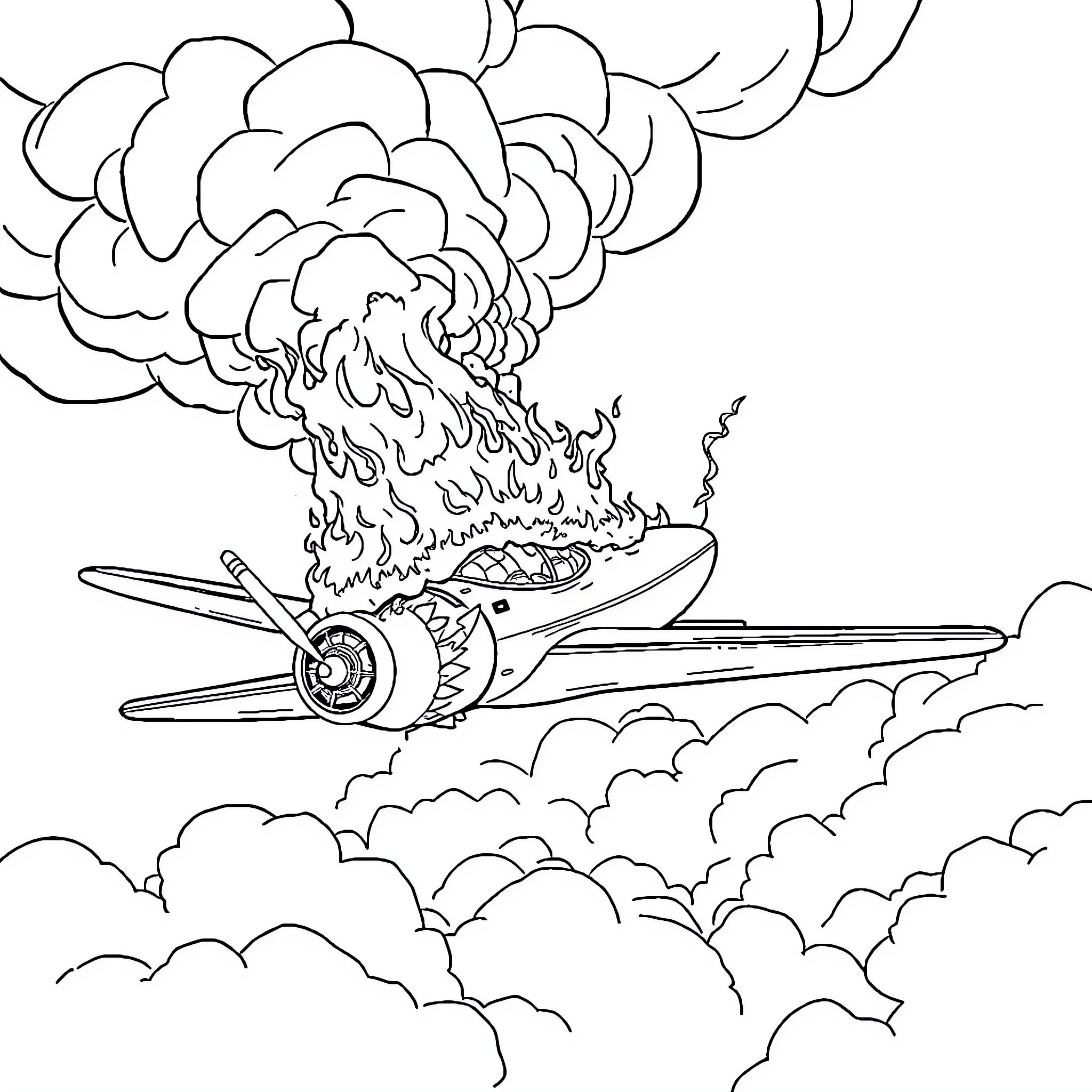 Plane flying through dramatic cloud cover Coloring Page (free black-and-white line drawing printable PDF for all, from beginners to advanced learners, including children, teens, adults, and seniors)