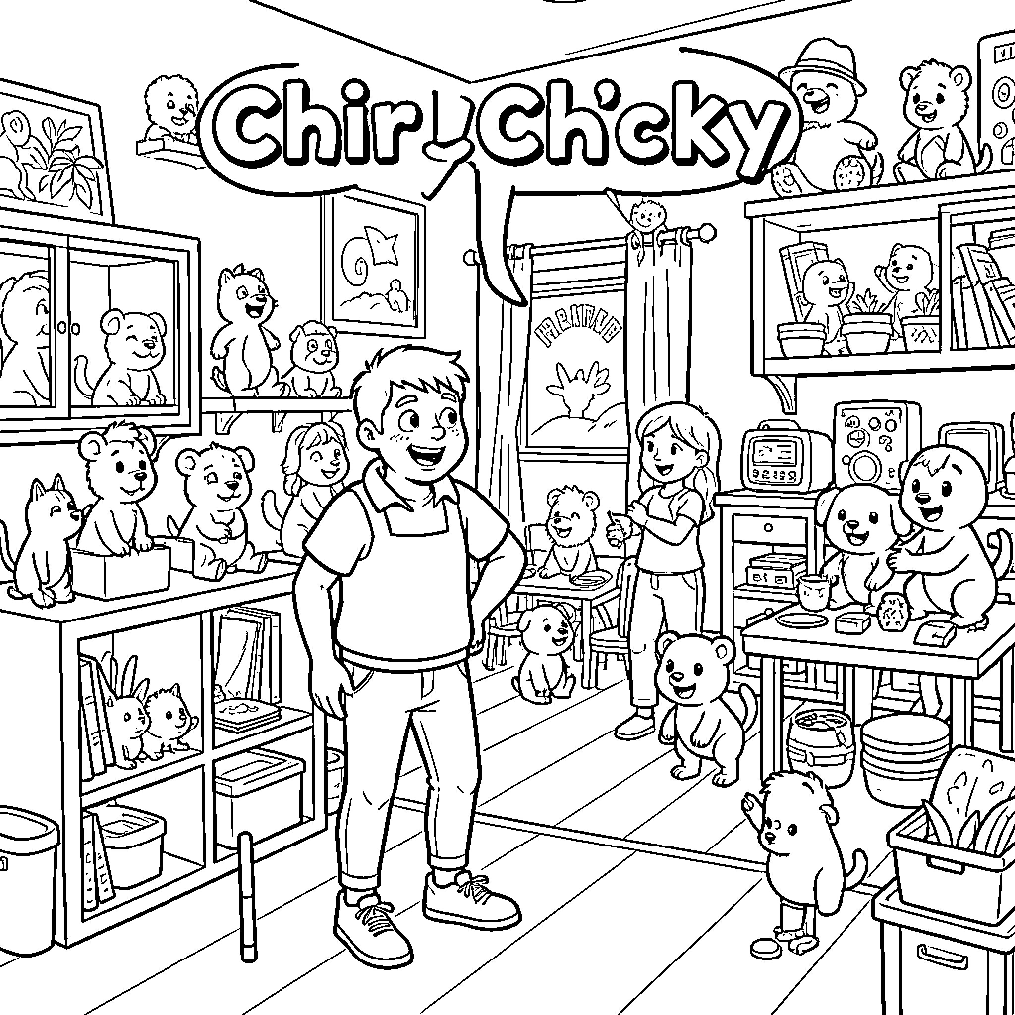 Chick characters and a boy in a playroom Coloring Page (free black-and-white line drawing printable PDF for all, from beginners to advanced learners, including children, teens, adults, and seniors)