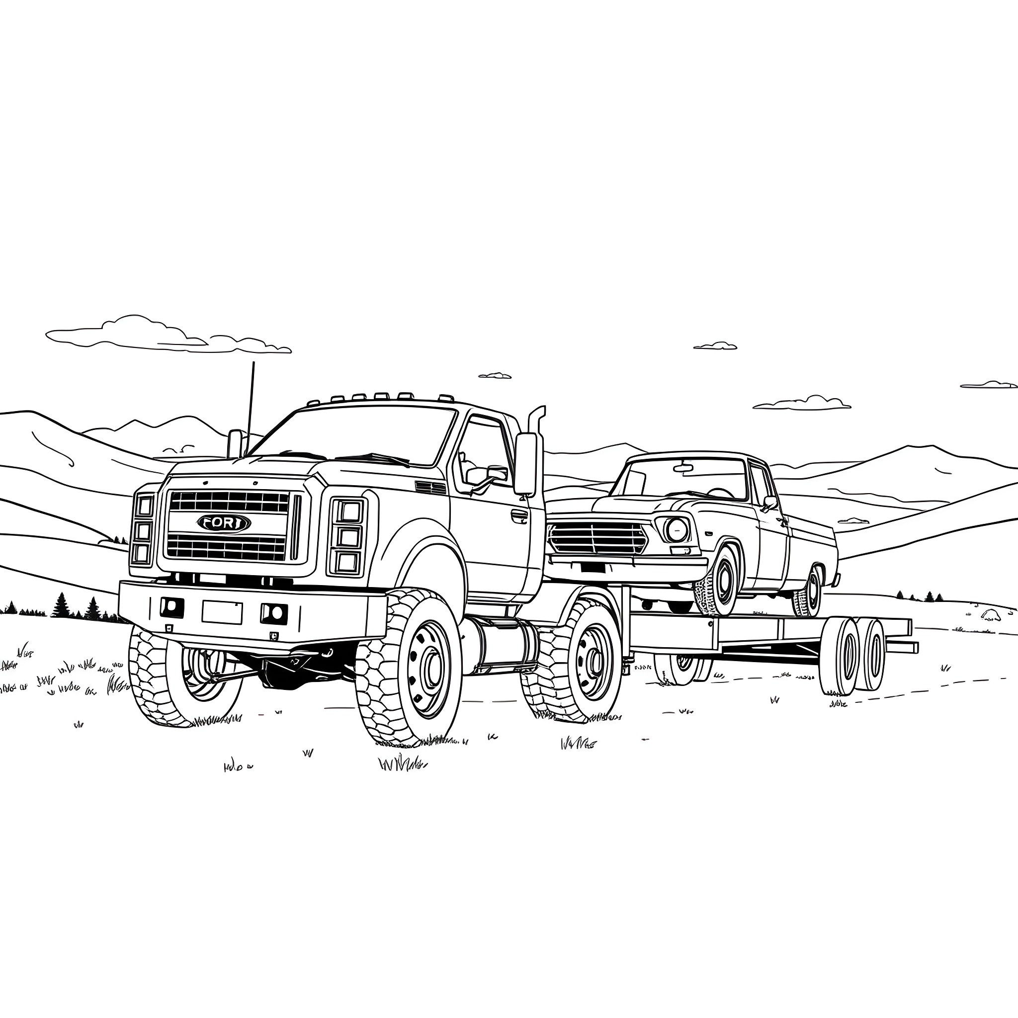 Truck towing another vehicle on the open road Coloring Page (free black-and-white line drawing printable PDF for all, from beginners to advanced learners, including children, teens, adults, and seniors)