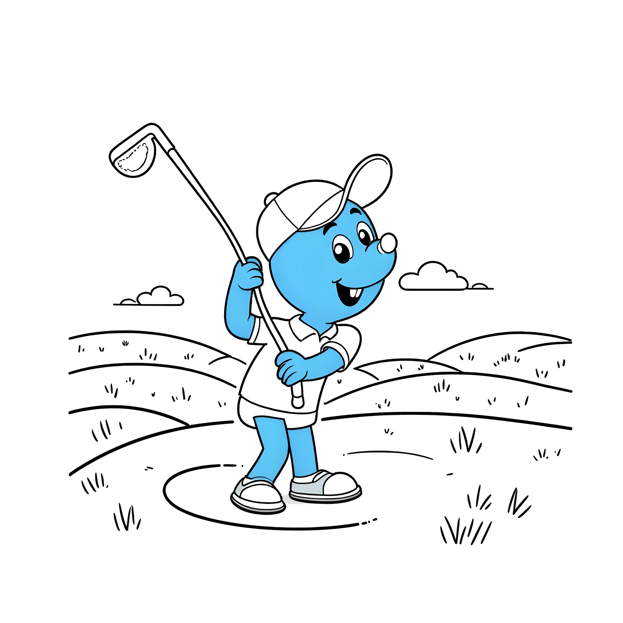 Bluey Golfing in the Countryside Coloring Page (free black-and-white line drawing printable PDF for all, from beginners to advanced learners, including children, teens, adults, and seniors)