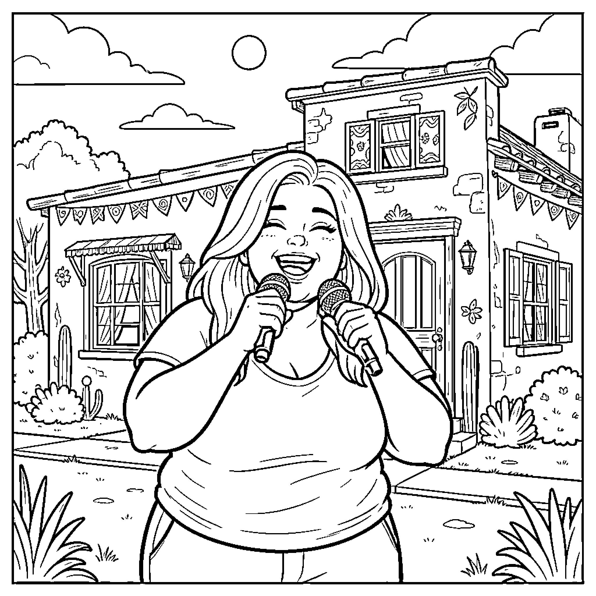 Lady singing joyfully in front of a festive building Coloring Page (free black-and-white line drawing printable PDF for all, from beginners to advanced learners, including children, teens, adults, and seniors)